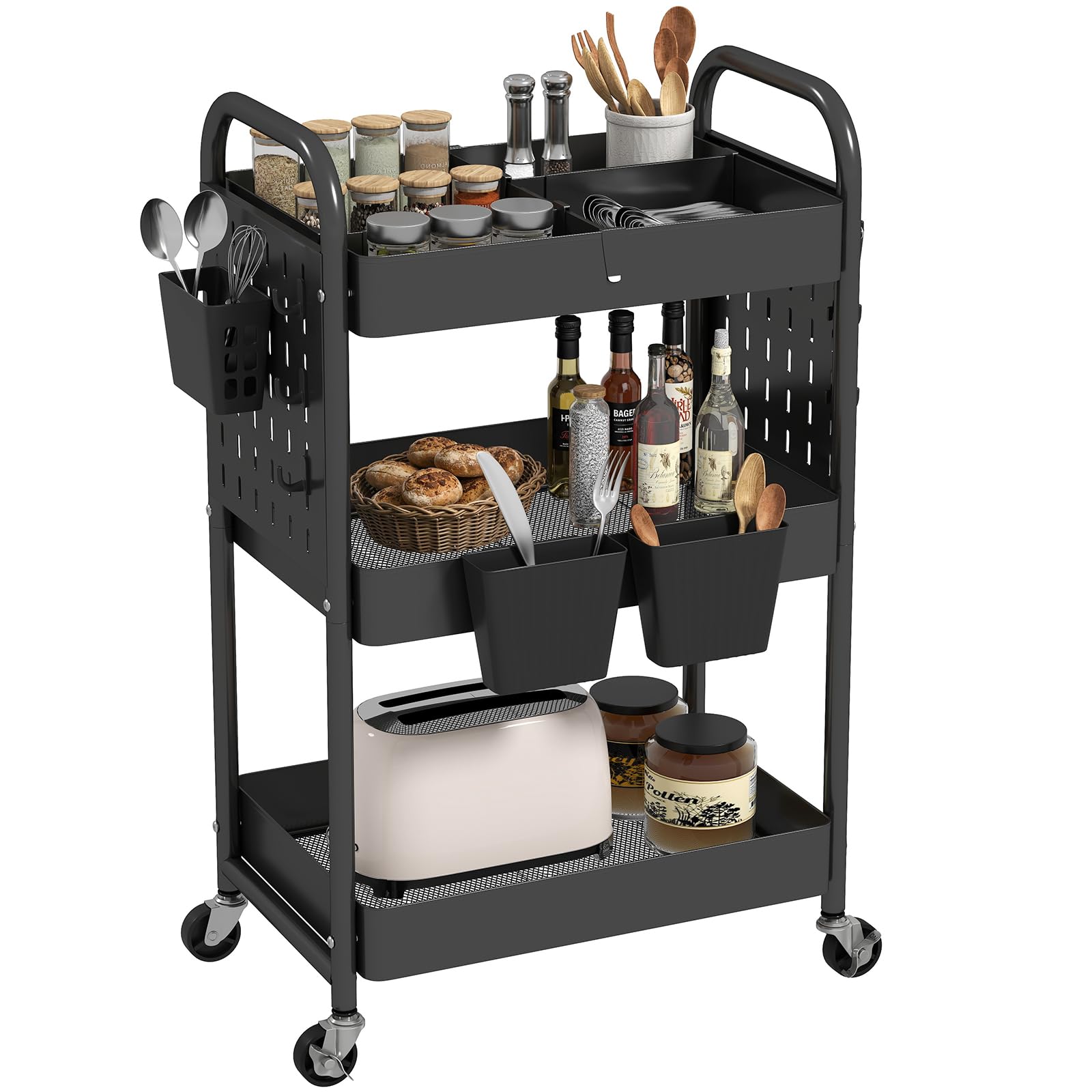 danpinera Craft Cart, Black Rolling Cart with Retractable Dividers & DIY Pegboards for Kitchen, Bedroom, Laundry