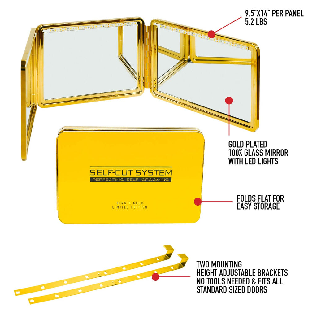Self-Cut System King's Gold Three Way Mirror with LED Lights