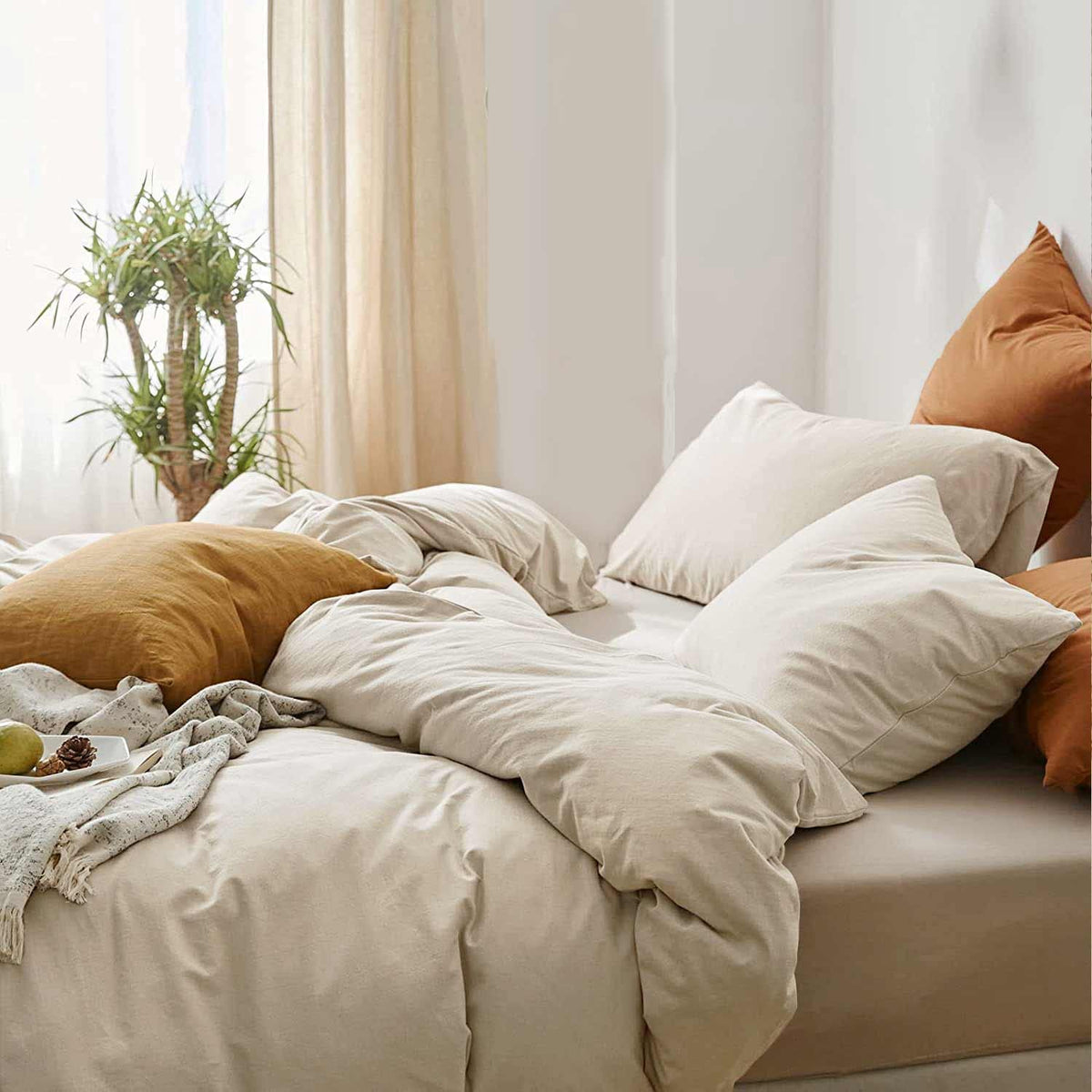 Etdiffe Beige Comforter Set Queen Size, 3 Piece Aesthetic Modern Bedding Set - Soft & Lightweight All Season Microfiber Down Alt