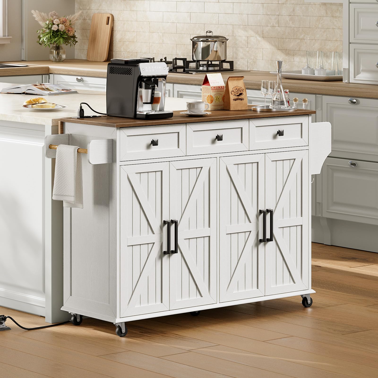 Ralgend Kitchen Island With Drop Leaf, Kitchen Cart With Charging Station, Kitchen Table With Storage, Rolling Island Table With