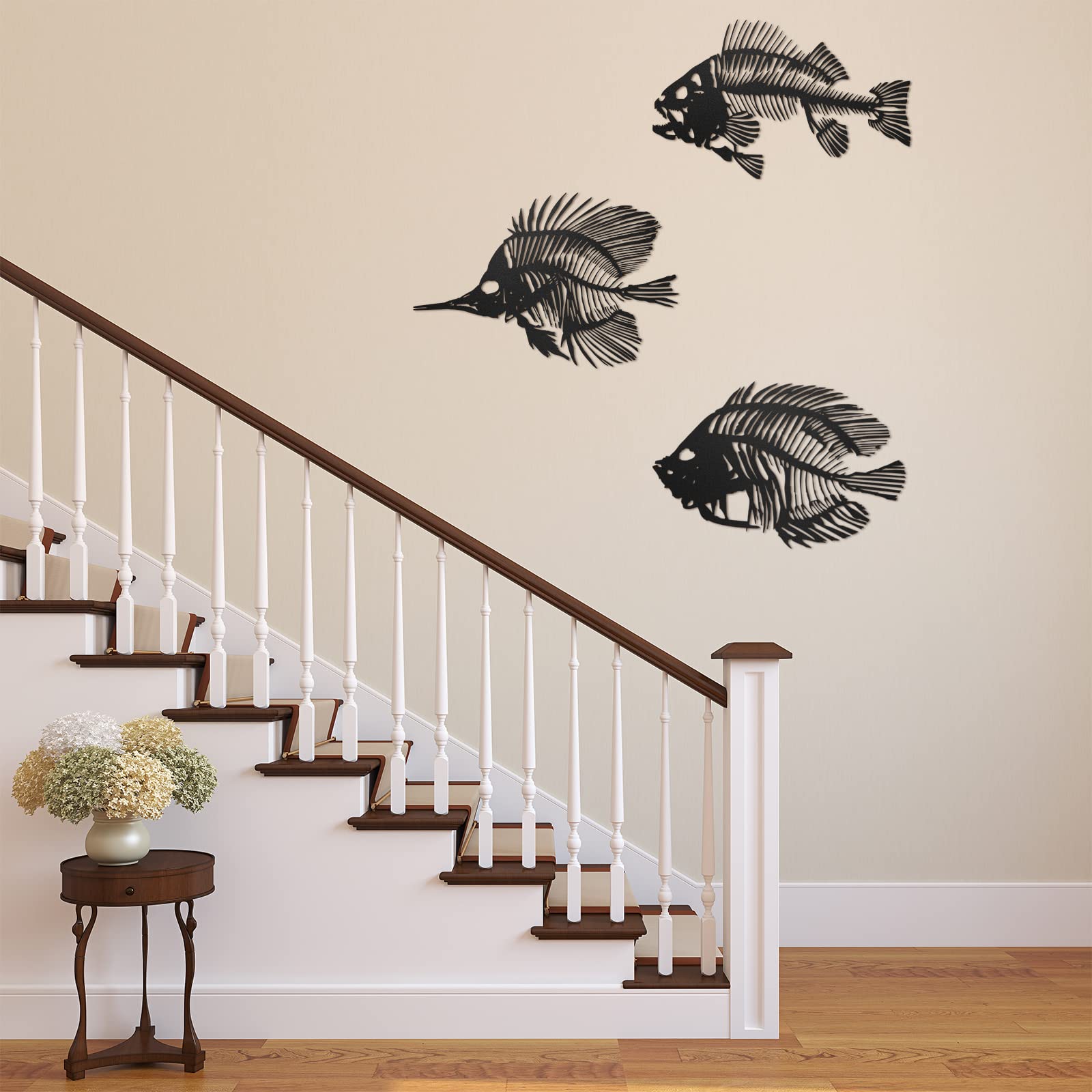 3 Pieces Metal Wall Art Fish Sculpture Hanging Metal Black Fish Bone Rustic Wall Decor Nautical Style Metal Fish Wall Decor For