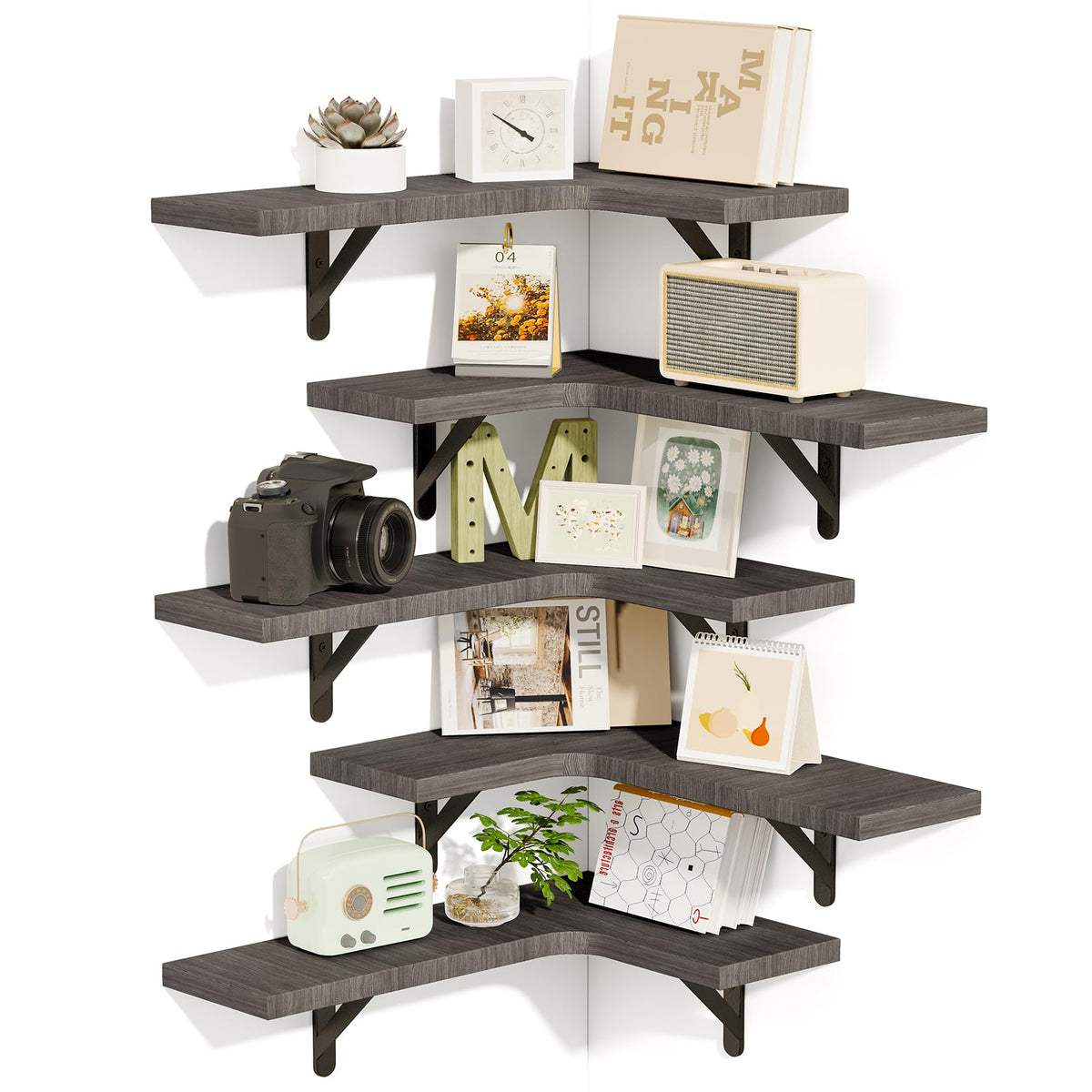 Fixwal Corner Floating Shelves Set Of 5, Rustic Wood Wall Mounted Corner Shelf For Bathroom, Kitchen, Bedroom, Home Decor, Laundry Room, Living Room (Weathered Gray)