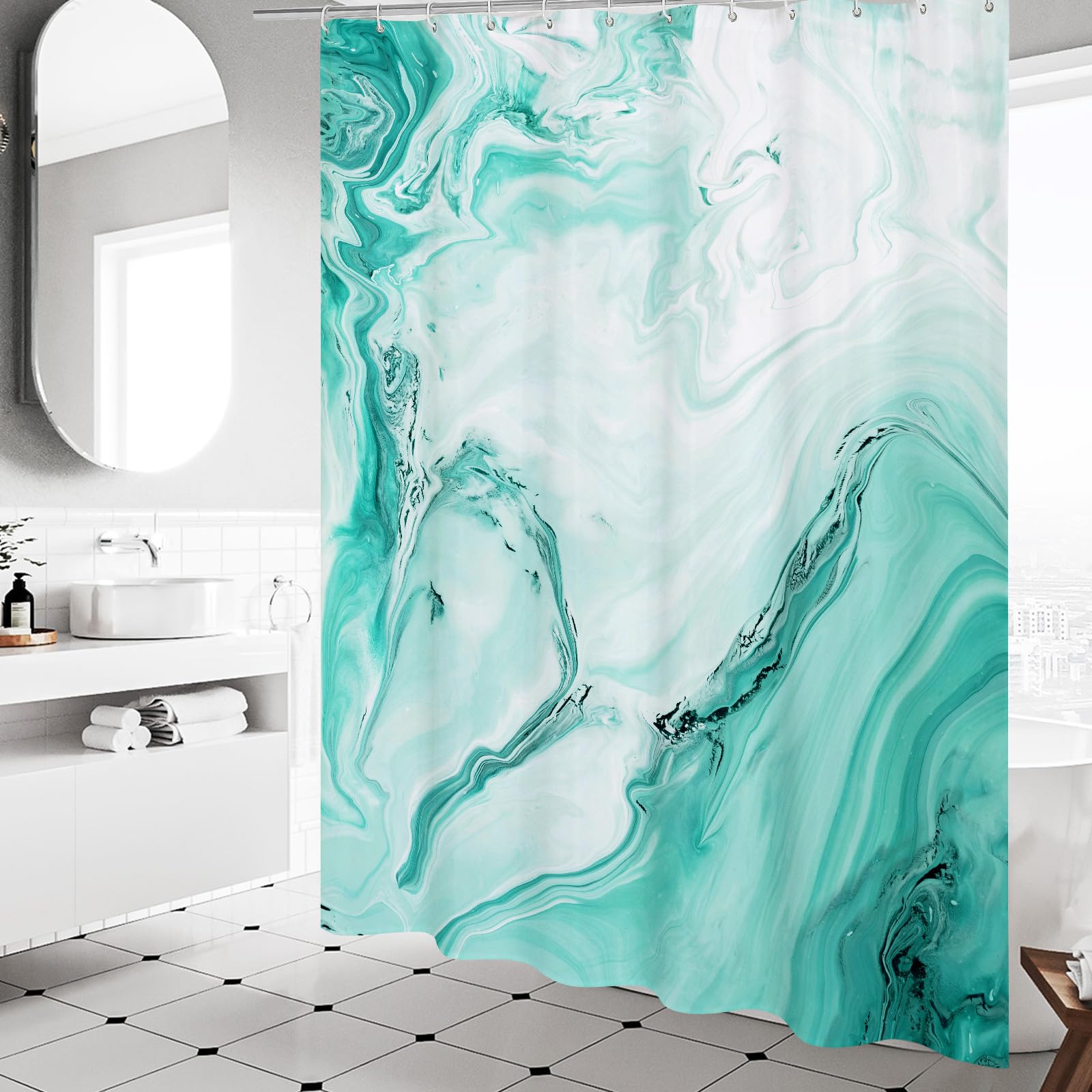 Mitovilla Teal Blue Marble Shower Curtain, Abstract Ombre Fabric Shower Curtains For Modern Bathroom Decor, Turquoise Green Luxu