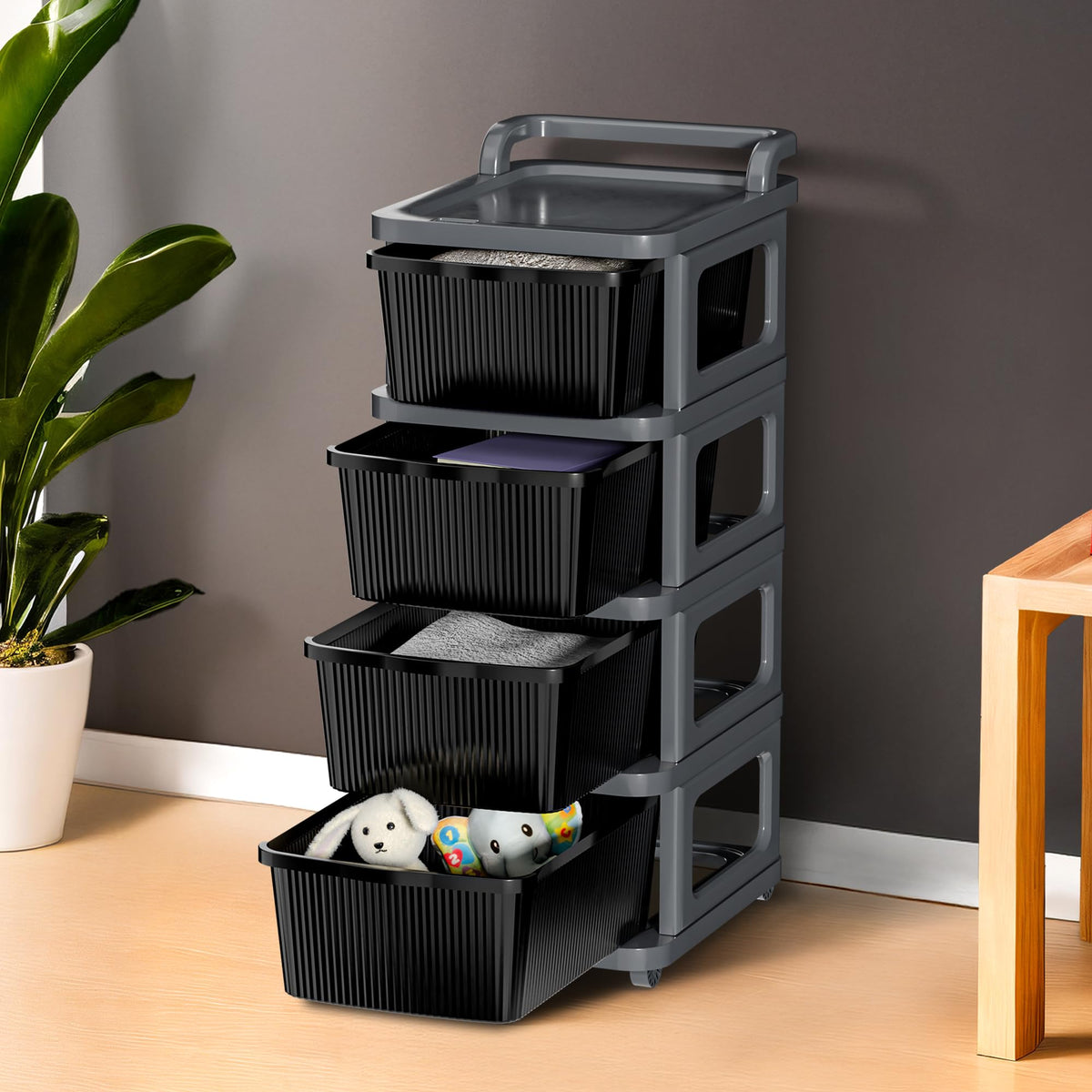 Kuber Industries 4 Layer Heavy Duty Plastic Storage Drawer With Wheels | Modular Cabinet For Bedroom, Office, Home | Chest Of Dr