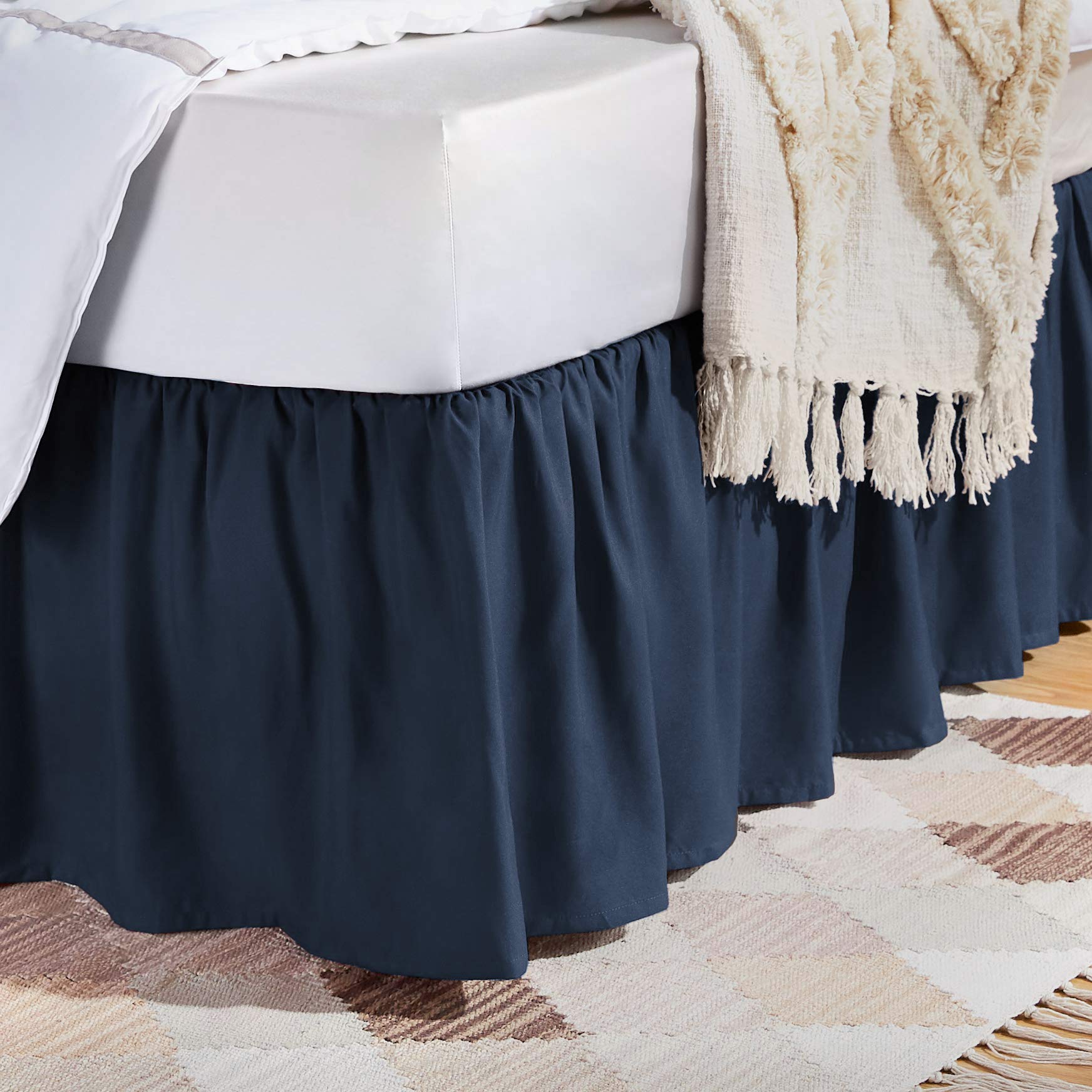 Amazon Basics Lightweight Ruffled Bed Skirt, Classic Style, Soft and Stylish 100% Microfiber with 16 drop-Queen, Navy Blue, Soli