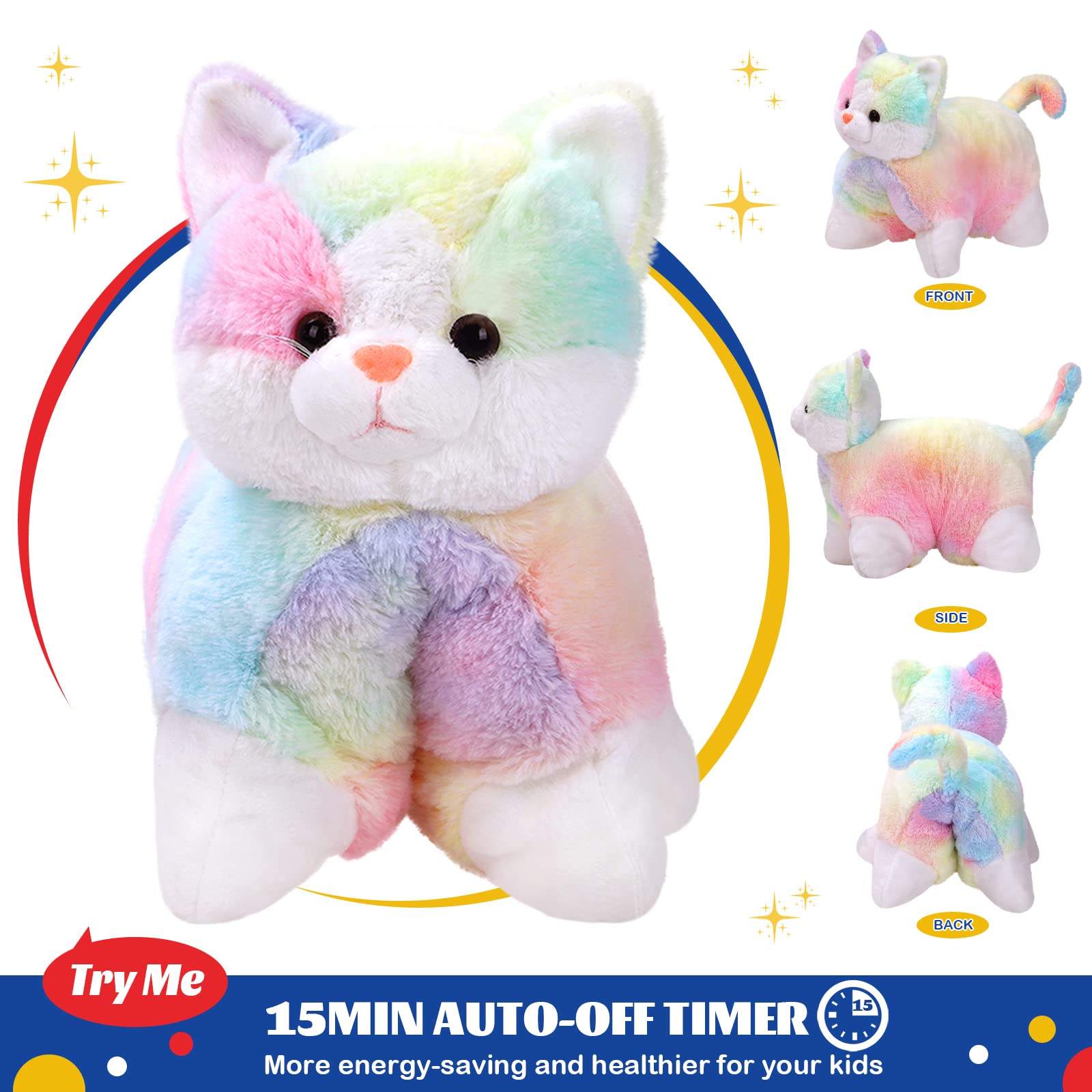 Glow Guards 16' Light Up Musical Rainbow Cat Stuffed Animal Glowing Colorful Cute Soft Kitty Plush Toy Pillow Sofa Decors Chris