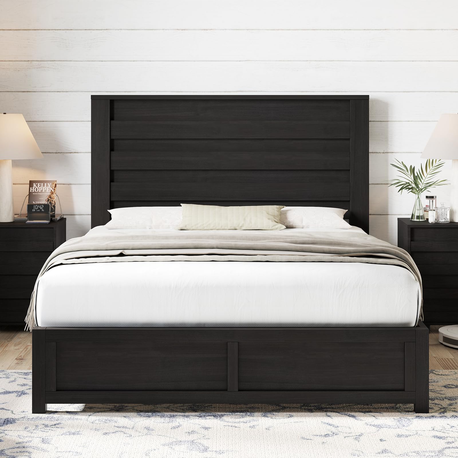 AMERLIFE Farmhouse Queen Size Bed Frame with 49 Tall Headboard, Platform Bed with Natural Wood Grain, No Box Spring Needed/Noise