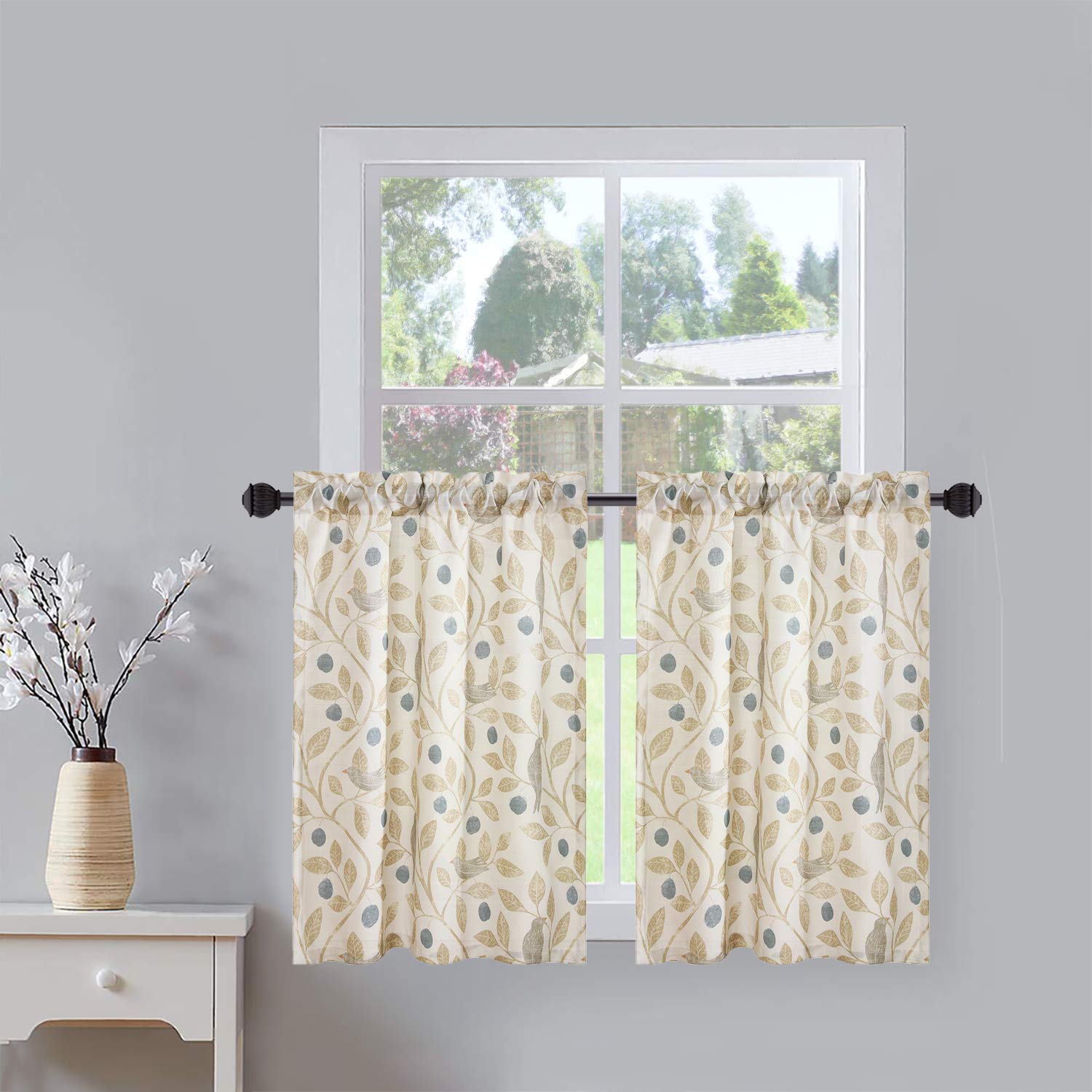 VOGOL Tier Curtains Linen Textured 36 Inches Long Curtains for Kitchen Small Cafe, Birds and Leaf Print Valances Top Pocket Wind