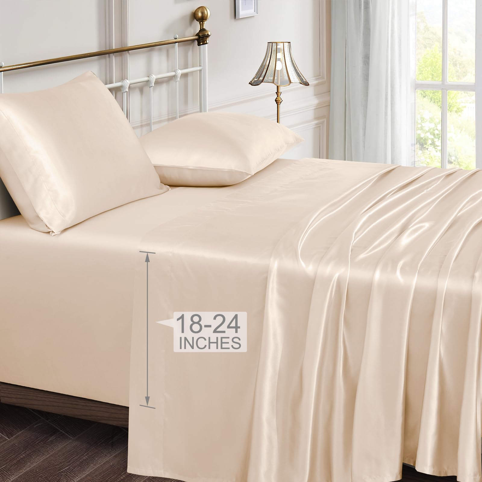 Vonty Satin Sheets Extra Deep Pocket Queen Sheet Sets - Cooling & Silky Satin Queen Size Sheets with 18-24 Inch Deep Pocket, Bei