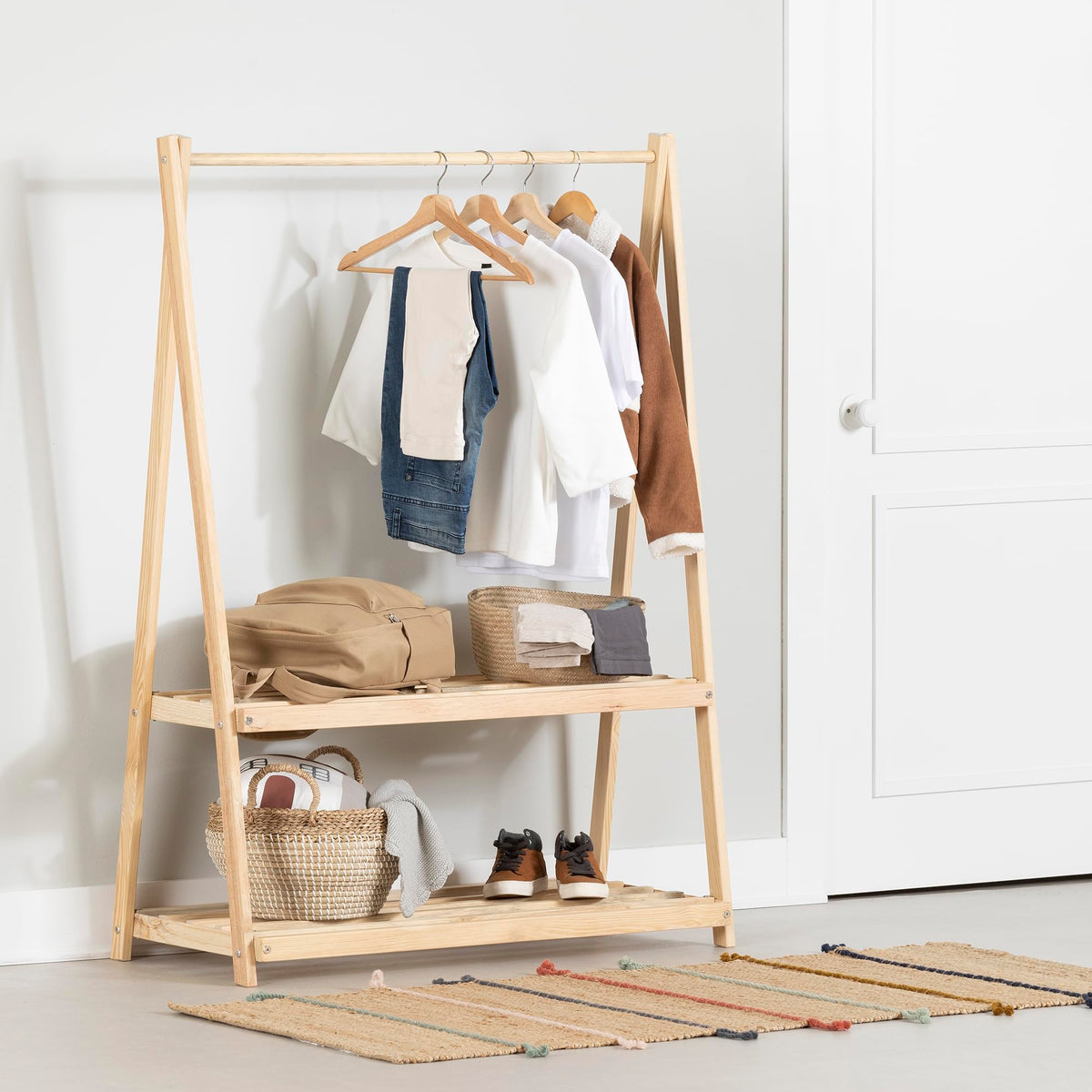 South Shore Sweedi Wooden Clothes Rack with Storage Shelves for Kids, Natural