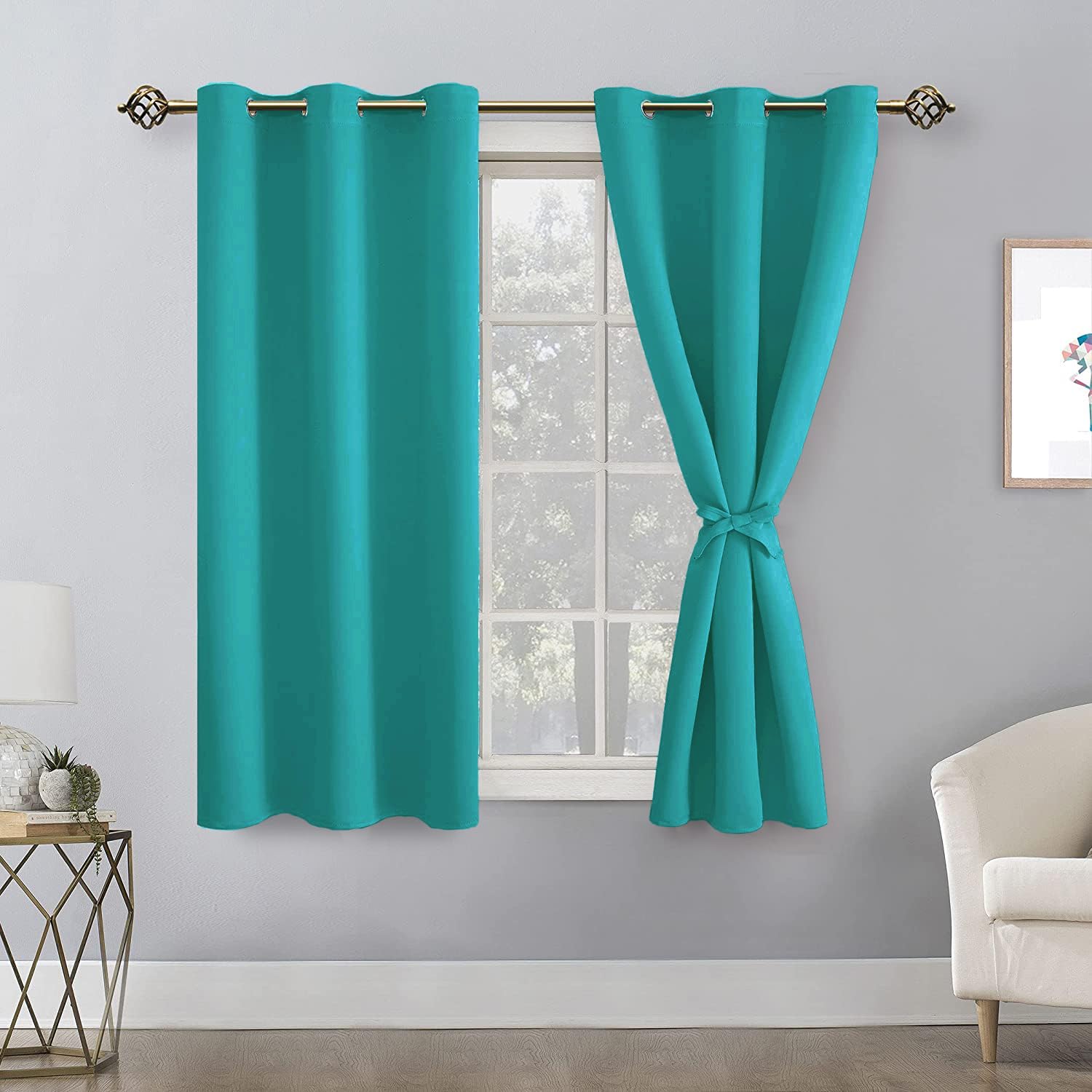 Hiasan Short Blackout Curtains For Bedroom - Thermal Insulated & Energy Saving Window Curtains For Living Room, 2 Drape Panels Sewn With Tiebacks, Peacock Teal, 38 X 45 Inch