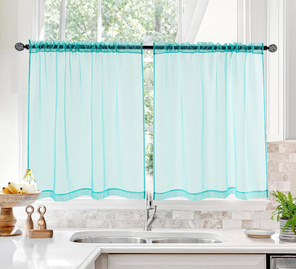 Pi Sheer Curtains,Valance Small Window Treatment Light Voile With Rod Pocket For Café/Kitchen/Bedroom/Living Room 2 Panels (W42Xl30,Lake Blue)