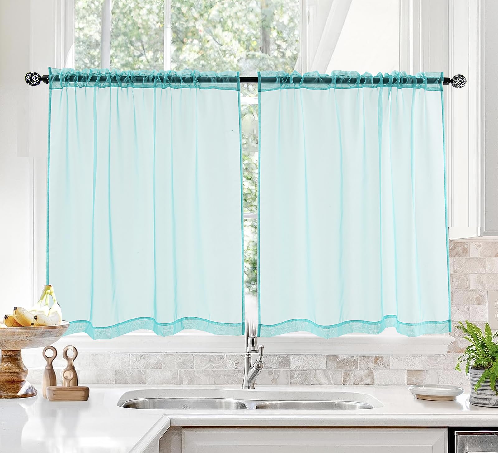 Pi Sheer Curtains,Valance Small Window Treatment Light Voile With Rod Pocket For Café/Kitchen/Bedroom/Living Room 2 Panels (W42Xl30,Lake Blue)