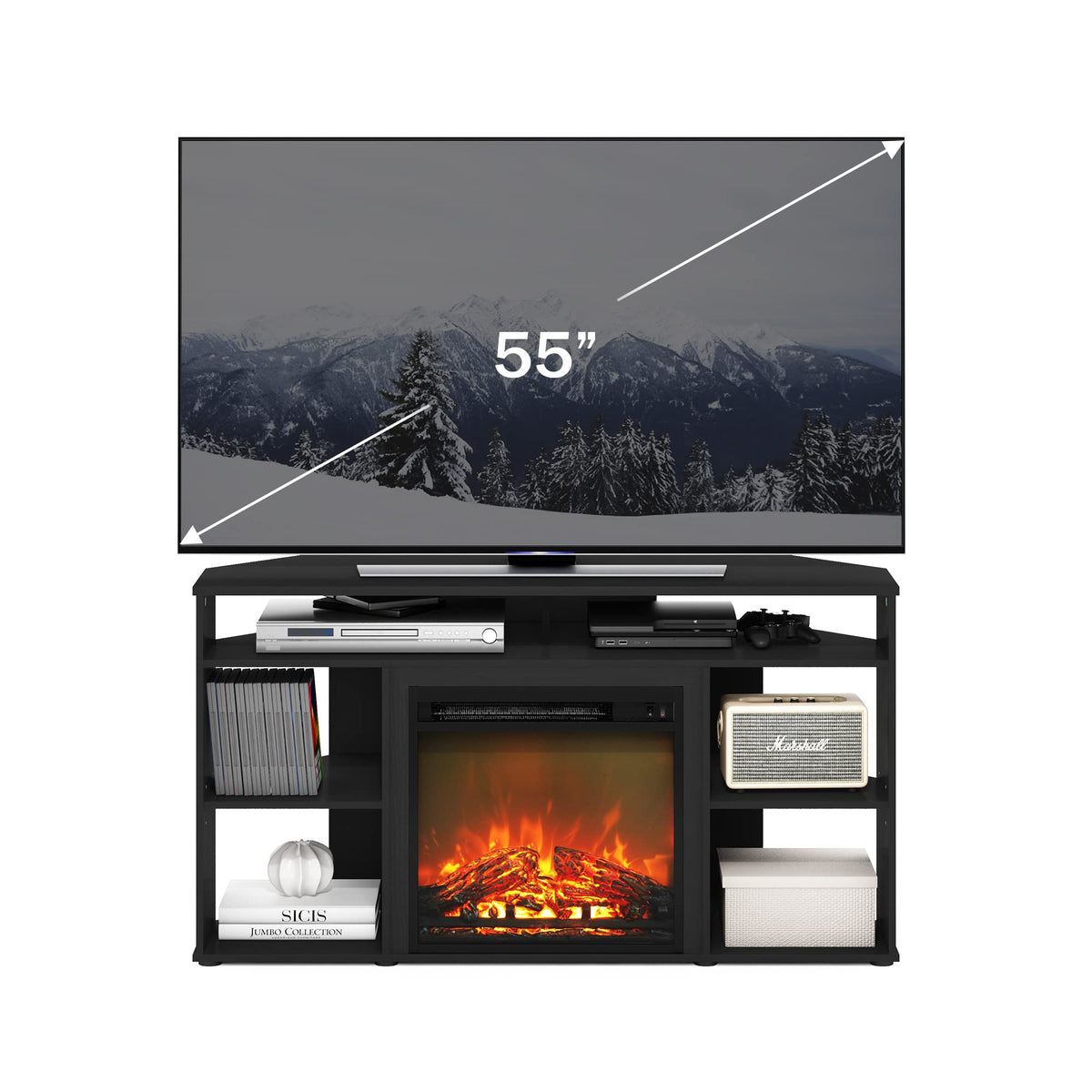 Furinno Jensen Corner TV Stand with Fireplace for TV up to 55 Inches, Americano