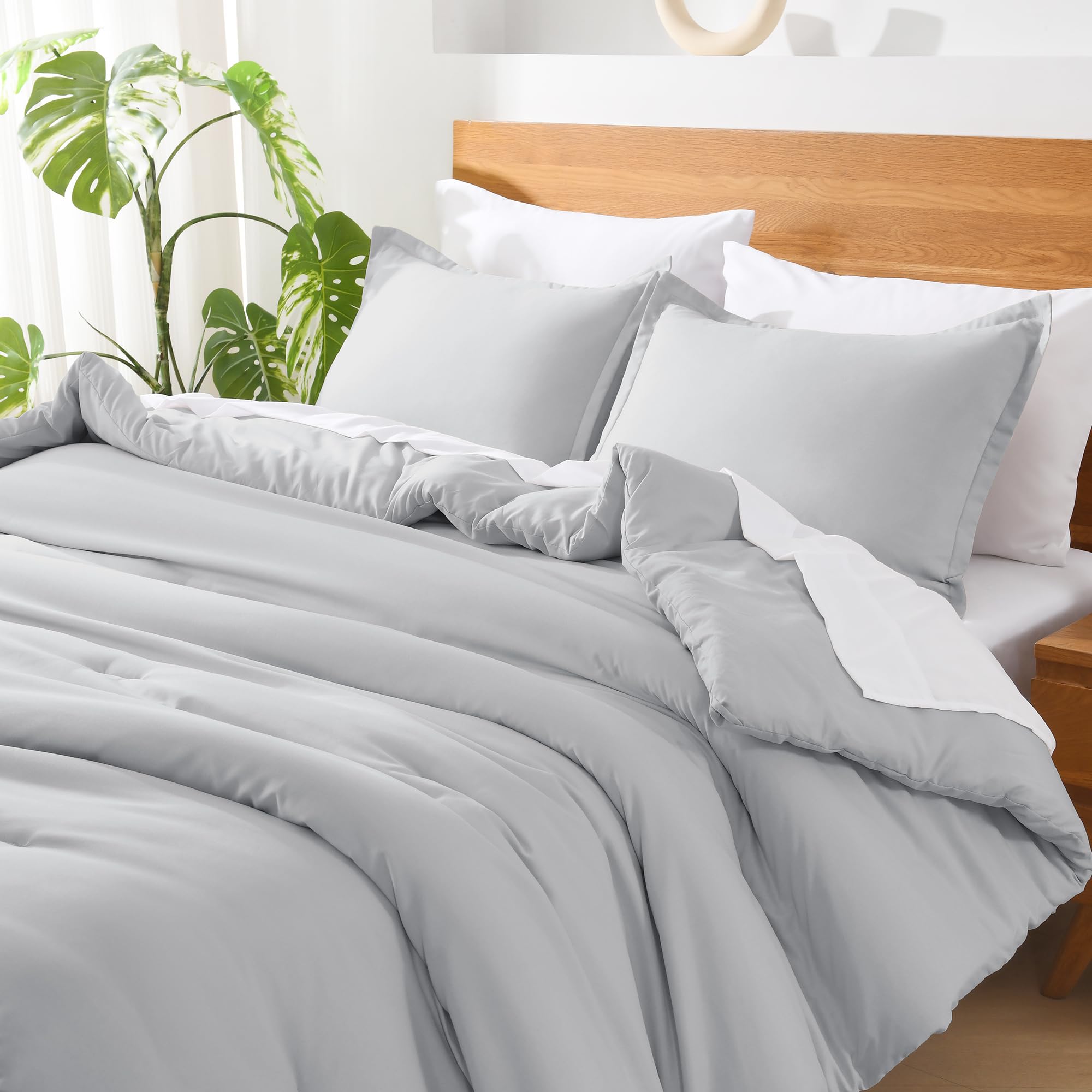 Andency Light Grey California King Comforter Set - 7 Pieces Gray Cal King Bedding Comforter Sets, Summer Plain Soft Lightweight Comforter With Fitted Sheets, Flat Sheets, Pillowcases & Shams