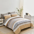 Kakijumn 7 Piece Bed In A Bag Stripe Comforter Set King Size, White Grey Khaki Patchwork Striped Comforter And Sheet Set, All Se