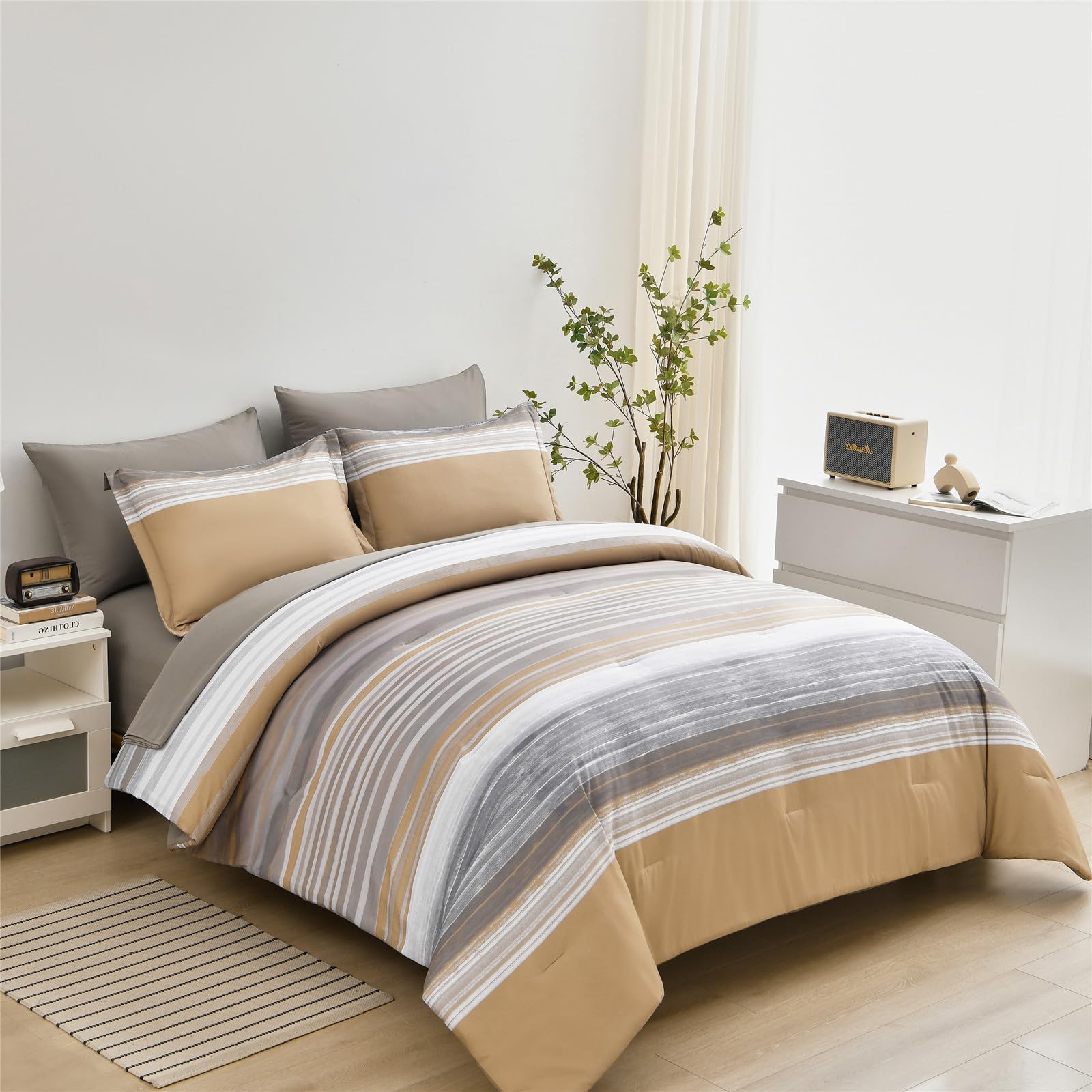 Kakijumn 7 Piece Bed In A Bag Stripe Comforter Set King Size, White Grey Khaki Patchwork Striped Comforter And Sheet Set, All Se