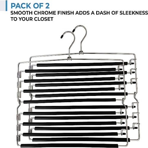 8-Tier Foldable Trouser Hanger, Removable Padded Bars, 8-Pair Capacity, Chrome Finish