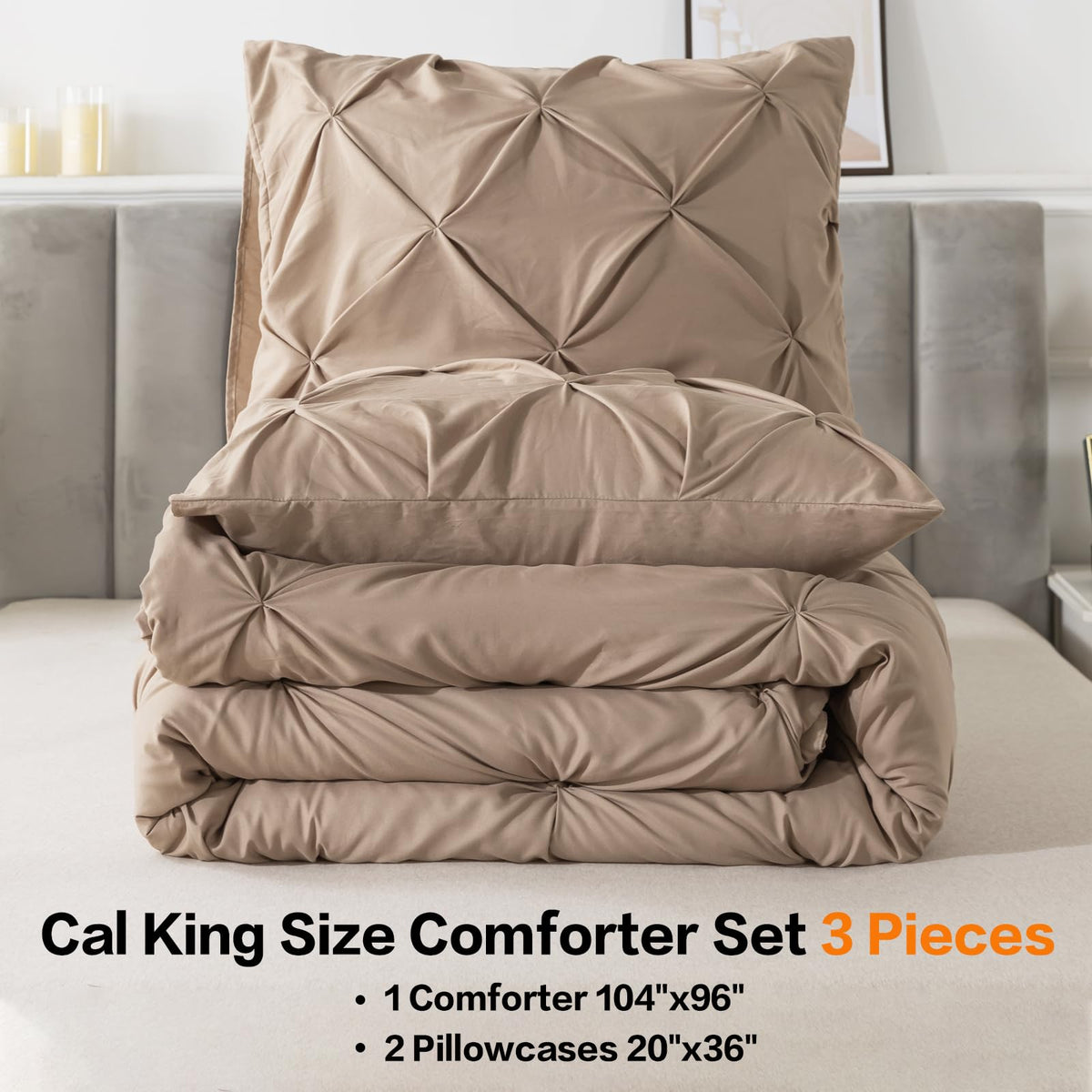 Andency California King Comforter Set Taupe (104X96Inch), Pinch Pleat Cal King Comforter Set 3 Pieces, Oversized King Pintuck Bed Comforter, Microfiber Down Alternative Comforter Bedding Set