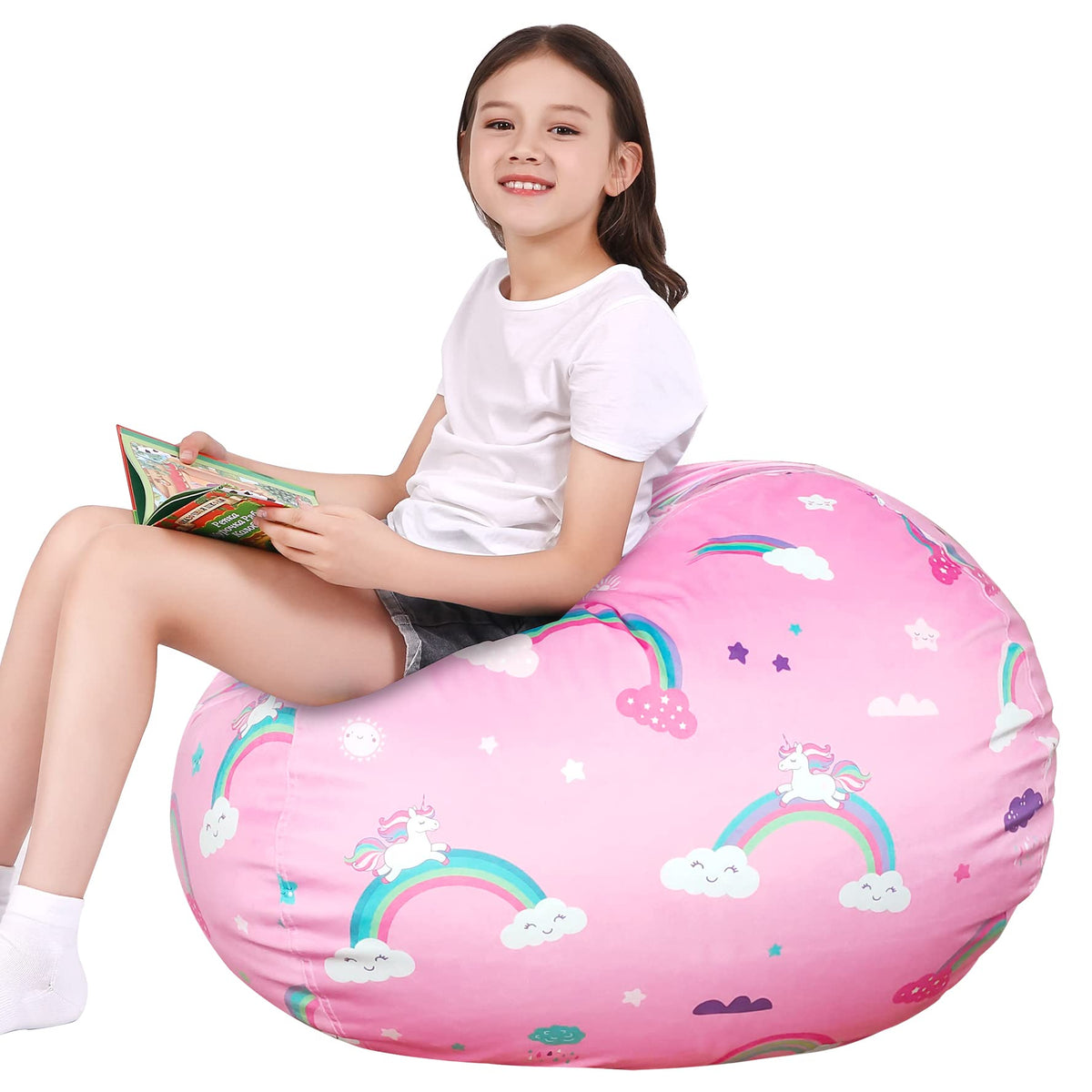 Lukeight Unicorns Stuffed Animal Storage, Rainbow Bean Bag Chairs For Girls 8-12, Bean Bag Cover For Kids, Unicorns Stuffed Animal Storage Bean Bag Chair Cover For Kids, (No Beans) X-Large