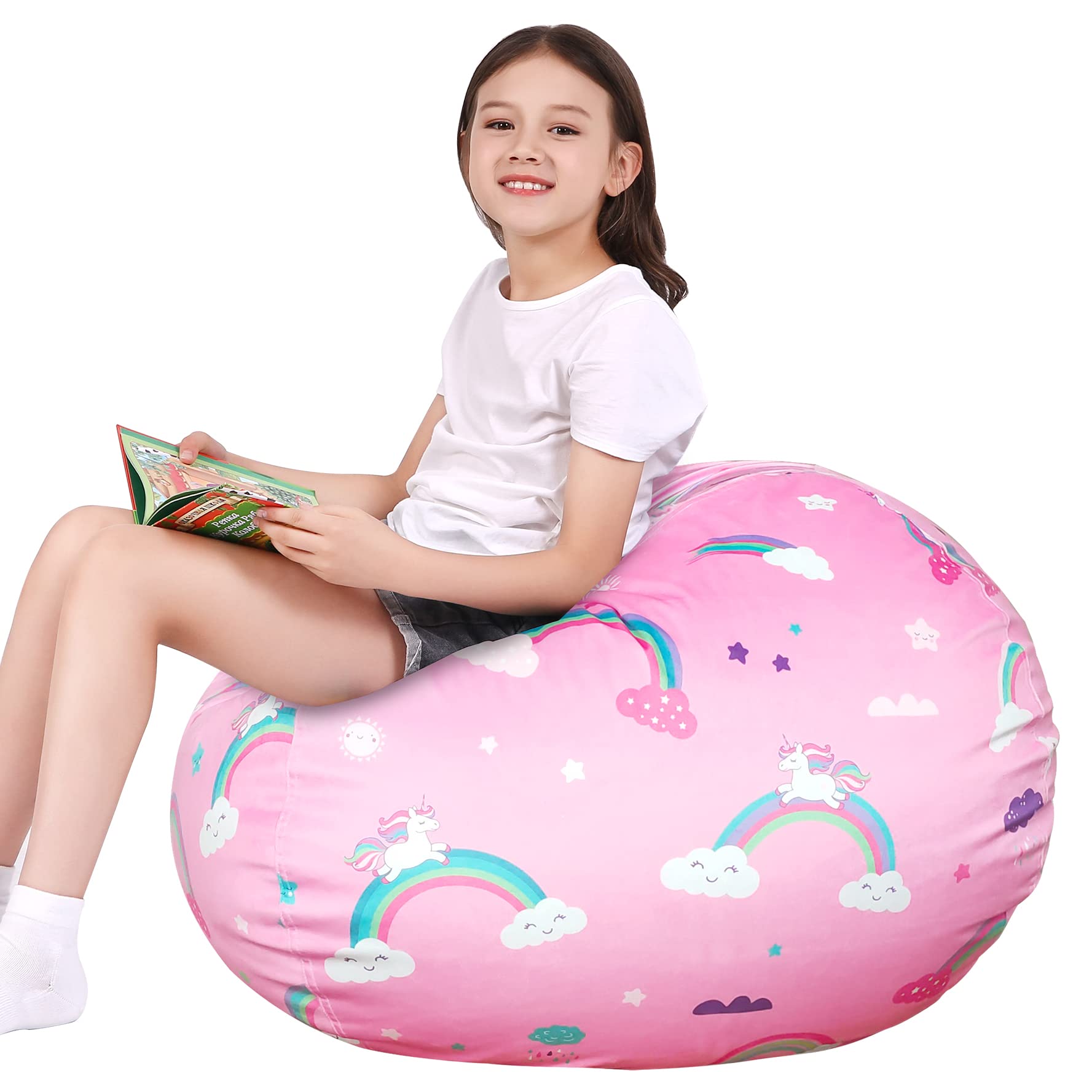 Lukeight Unicorns Stuffed Animal Storage Bean Bag Chair Cover For Kids, Unicorns Zipper Beanbag Chair Cover For Organizing Toddler And Kids' Rooms Plush Toys (Rainbow Pink, Xx-Large)