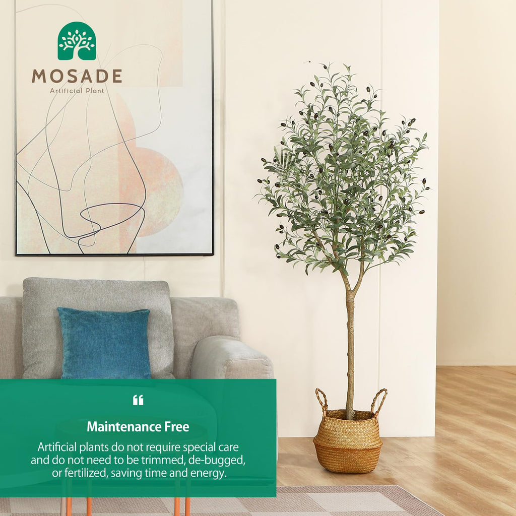 Mosade Artificial Olive Tree 6 Feet Fake Olive Silk Plant And Handmade Seagrass Basket, Perfect Tall Faux Topiary Silk Tree For