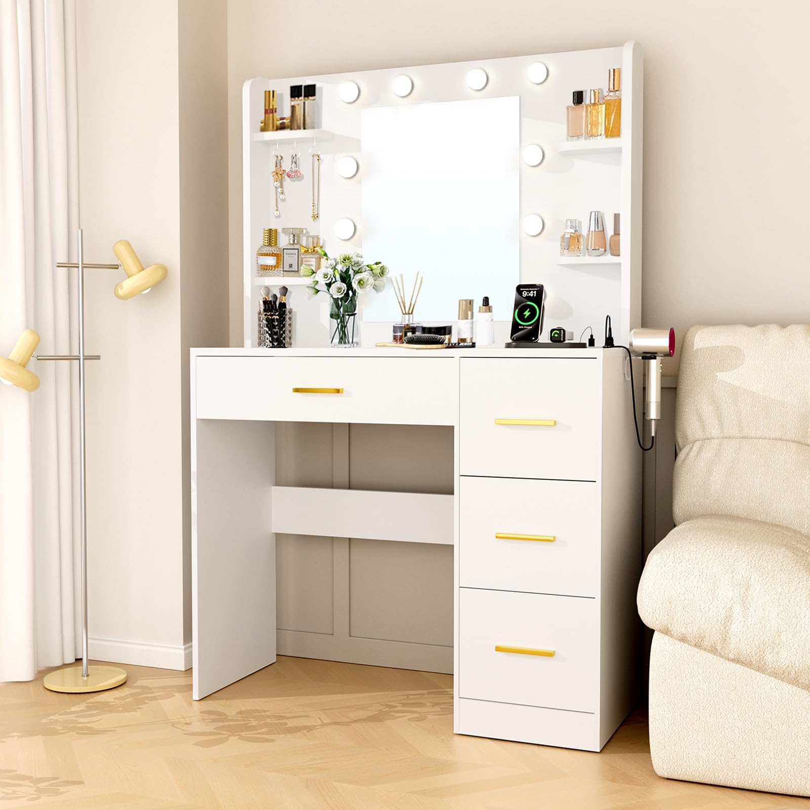HABIUBIU 35    Small Vanity Desk with Mirror and Lights,10 Lights,3 Color Modes,Makeup Vanity Desk with 4 Storage Shelves 4 Draw