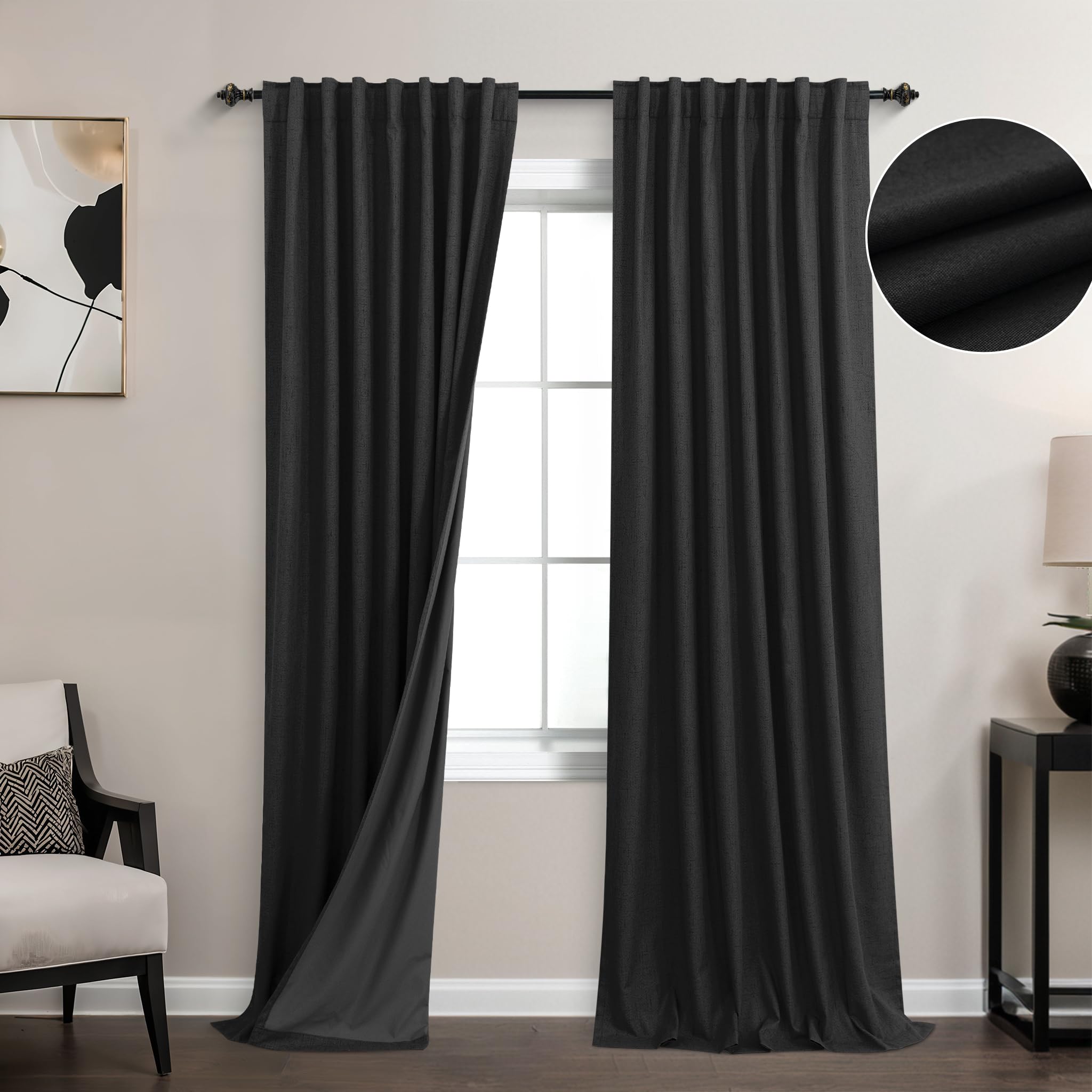Koufall Black Back Tab Linen Blackout Curtains 52X90 Inches Long