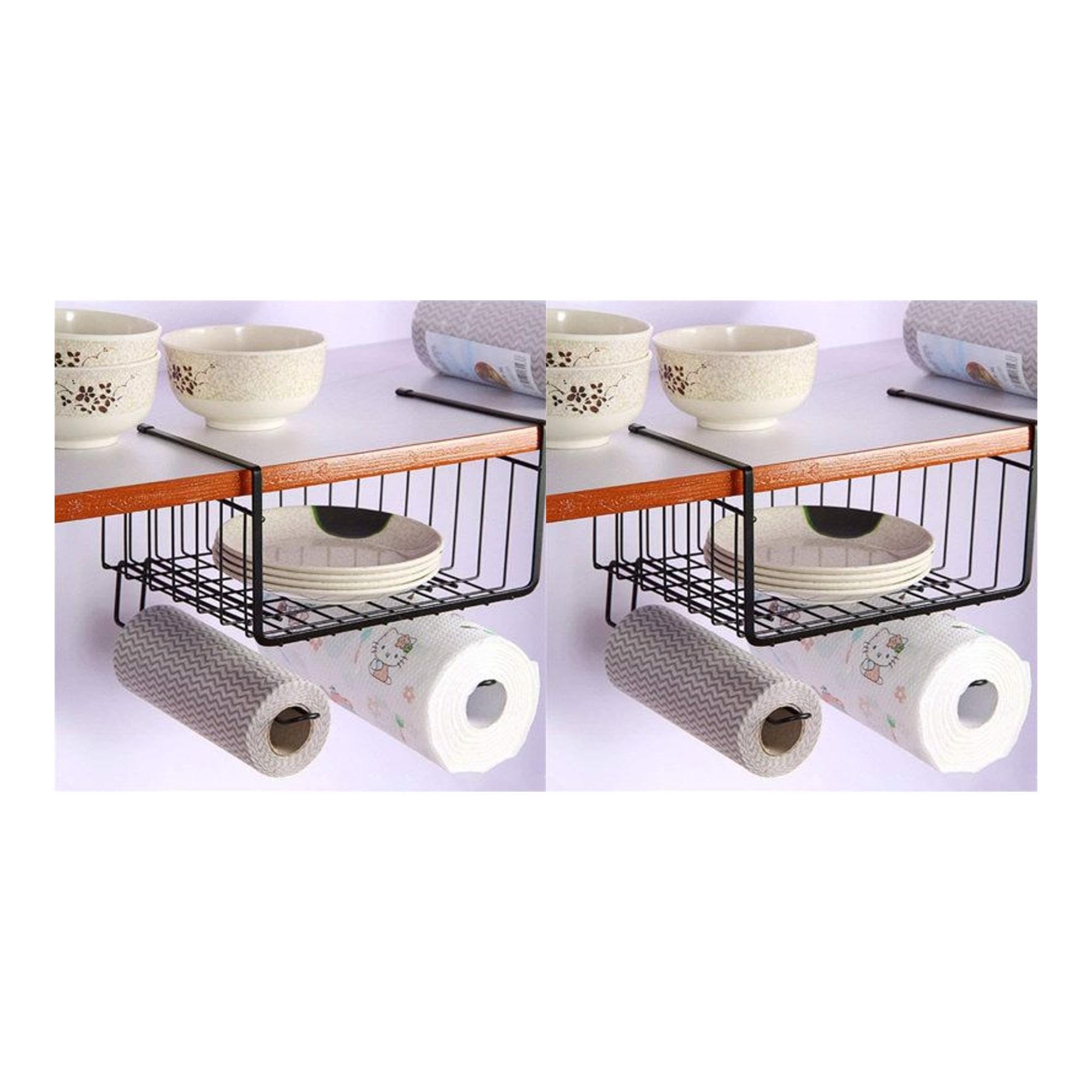 Go Hooked Under Shelf Storage Basket,2 Pack,Under Cabinet Hanging Basket Organizer With Tissue Holder,Under Cabinet Storage Shel