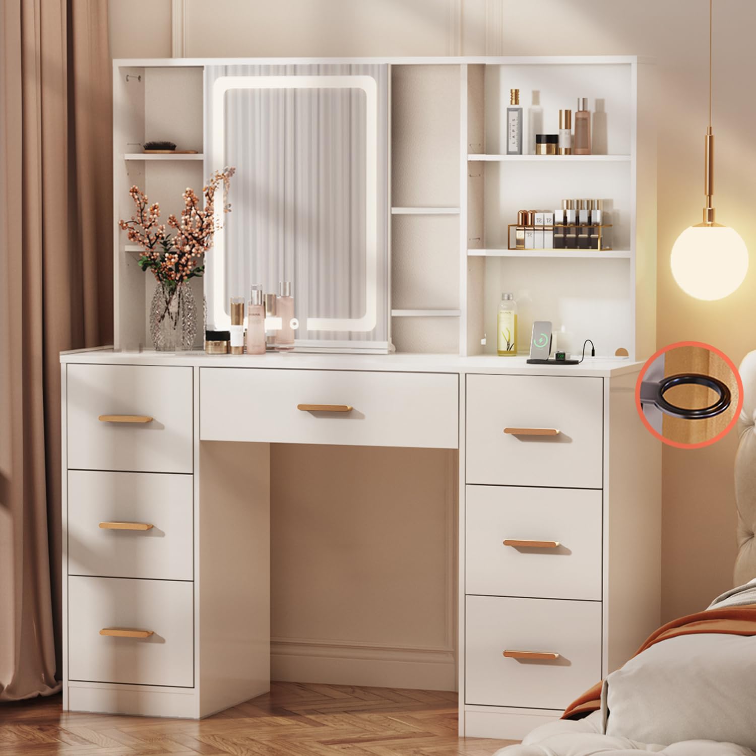 knoworld 47   Large Vanity Desk with Mirror and Lights, 7 Drawers, 8 Storage Shelves Vanity Table, Big Makeup Vanity Desk with