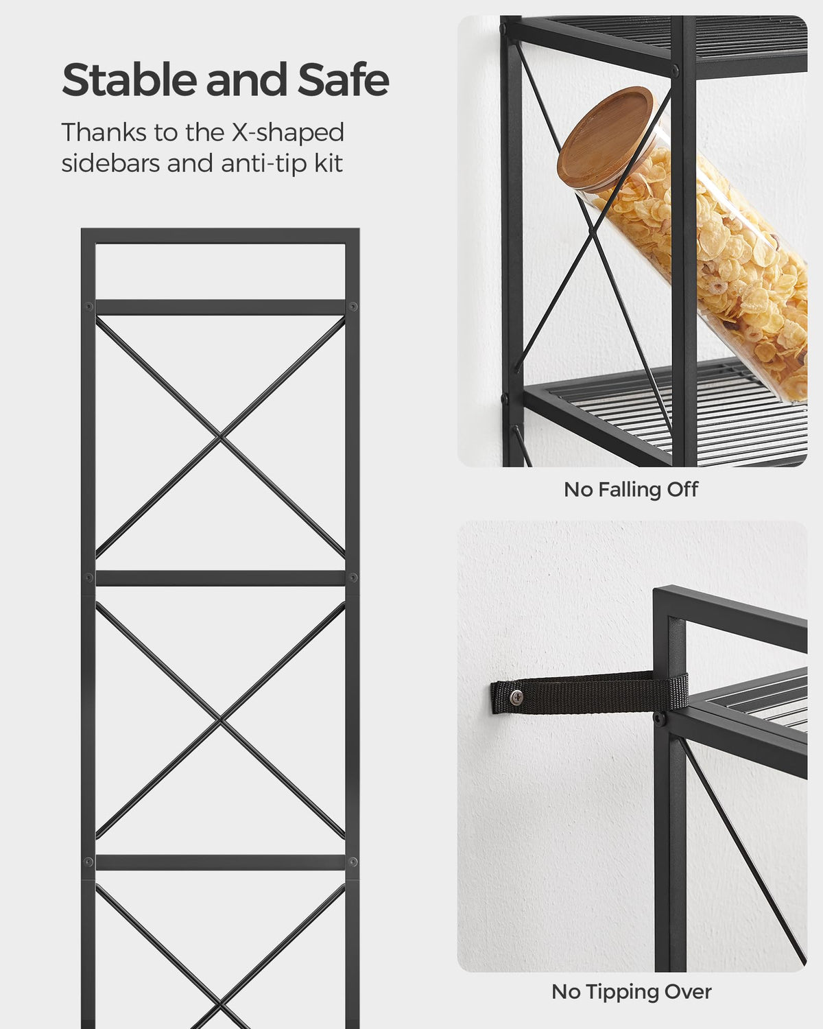 Songmics 4-Tier Metal Storage Rack, Shelving Unit With X Side Frames, Dense Mesh, 12.6 X 31.5 X 44.3 Inches, For Entryway, Kitchen, Living Room, Bathroom, Industrial Style, Ink Black Ubsc184B01