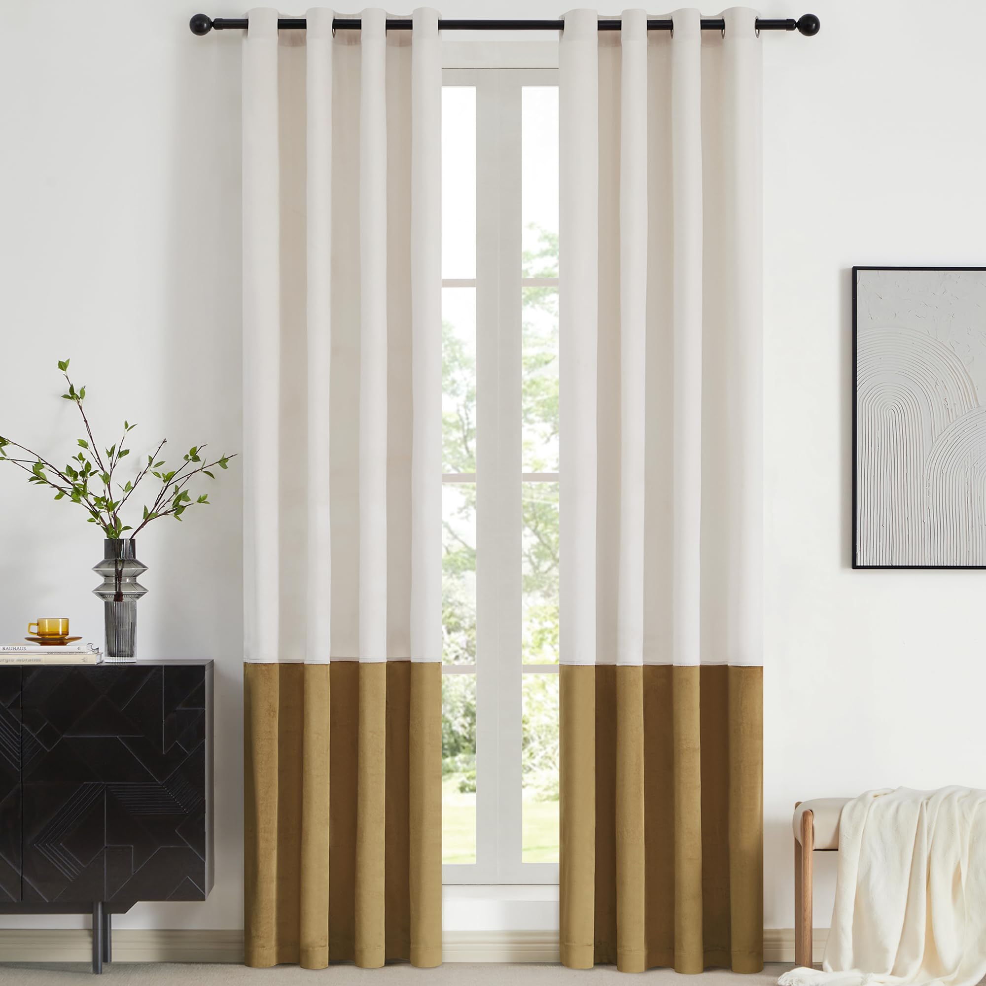 Bulbul Color Block Window Curtains Panels 120 Inches Long Cream Ivory Gold Velvet Farmhouse Drapes For Bedroom Living Room Darke