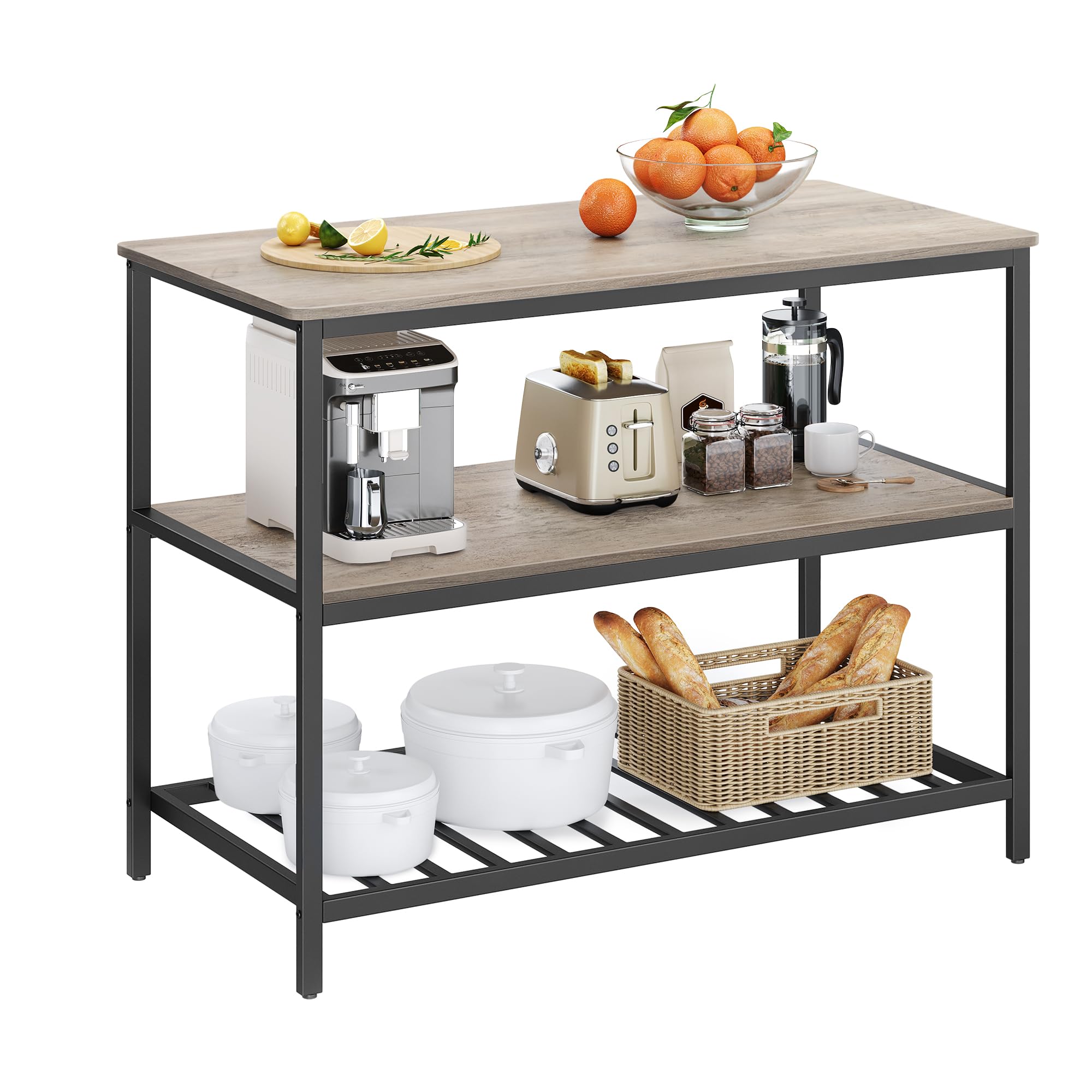 VASAGLE Kitchen Island with 3 Shelves, 47.2 Inches Width Kitchen Shelf with Large Worktop, Stable Steel Structure, Industrial, E