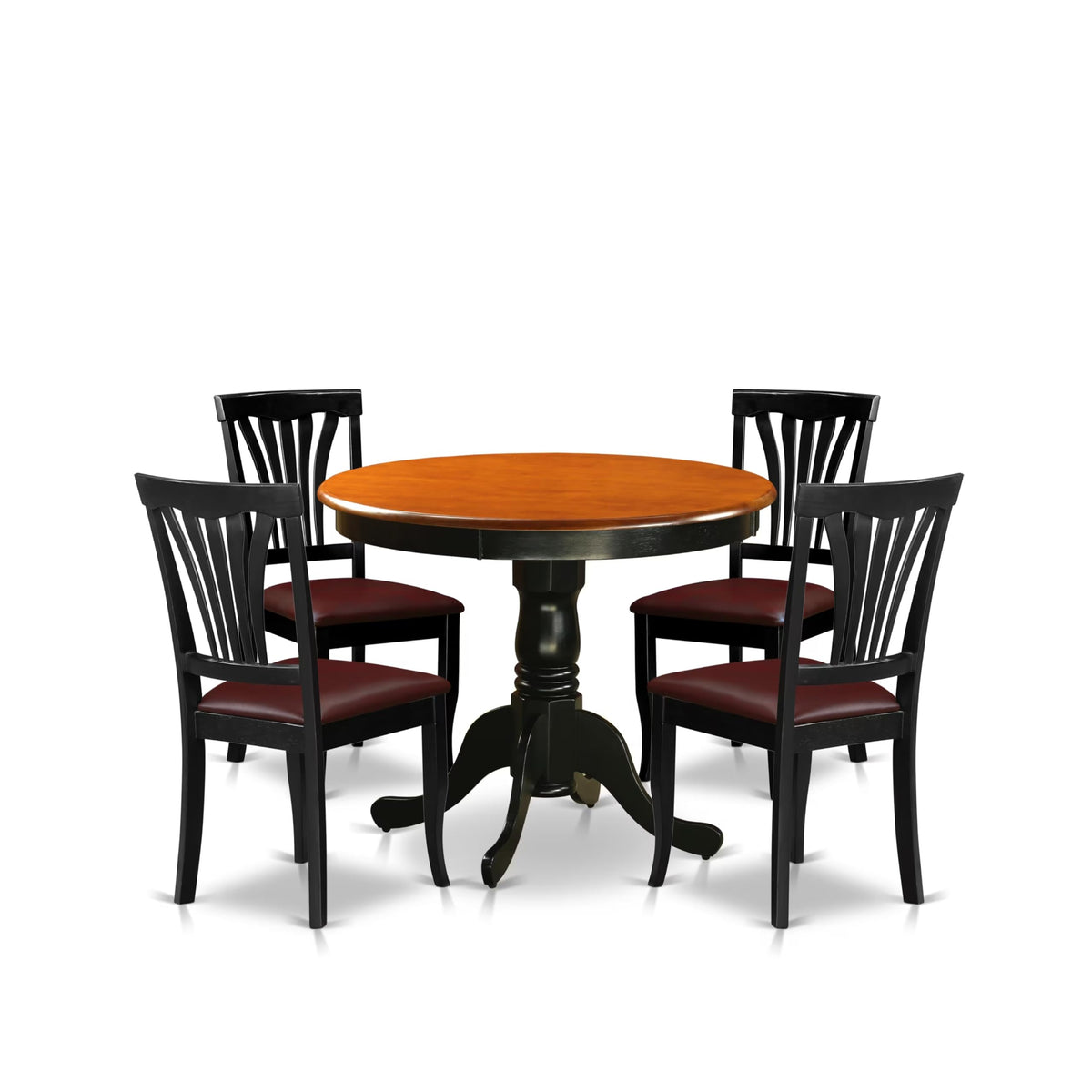 East West Furniture ANAV5-BLK-LC 5 Piece Dinette Set for 4 Includes a Round Kitchen Table with Pedestal and 4 Faux Leather Dining Room Chairs, 36x36 Inch, Black & Cherry