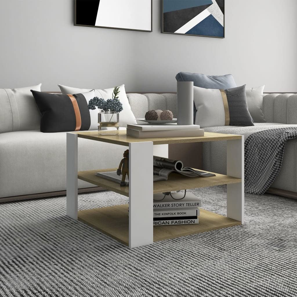 Coffee Table Sonoma Oak and White 23.6"x23.6"x15.7" Engineered Wood
