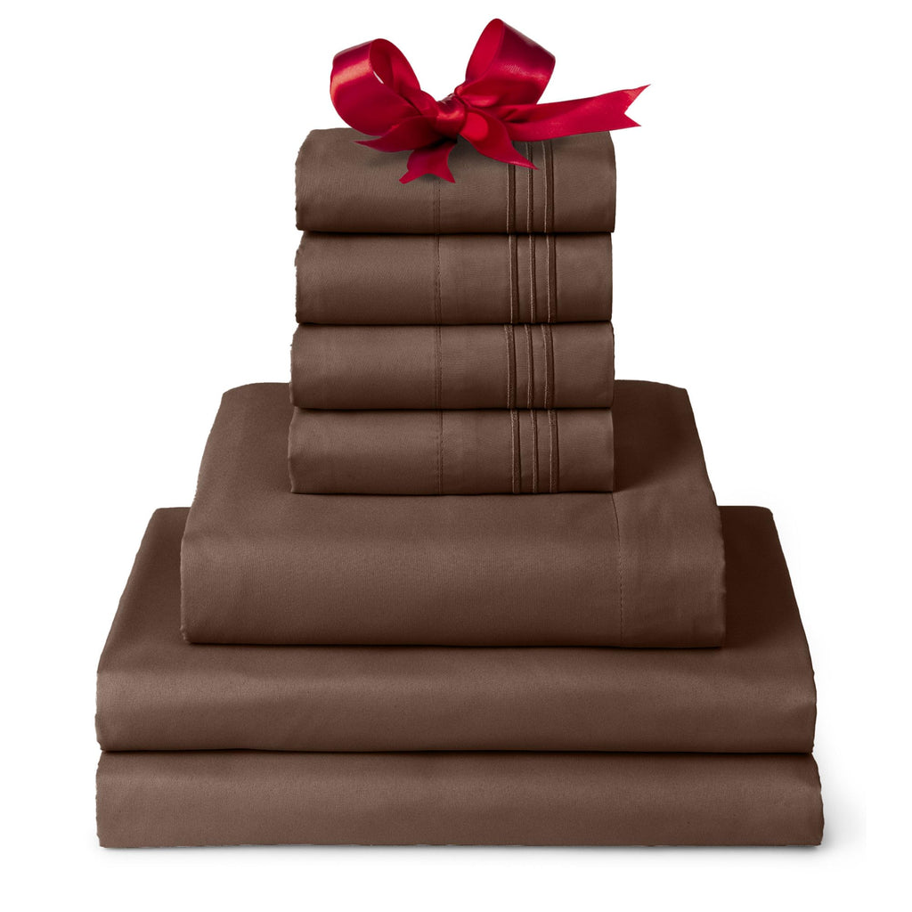 Mellanni Split King Sheet Set - 7-Piece Iconic Collection Bedding, (Including 4 Pillowcases), 16-Inch Deep Pocket, Easy Care, Extra Soft, Cooling Sheets, Brushed Microfiber - Brown