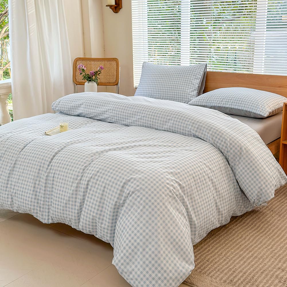 Nsnlgsgc Light Blue Gingham Duvet Cover Set Queen, Blue Grid Simple Geometric Square Pattern Comforter Cover,Soft Plaid Washed M