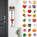 Sintuff Holiday Interchangeable Welcome Sign for Front Door Wooden Porch Sign with 24 Pcs Seasonal Icons Home Farmhouse Welcome 