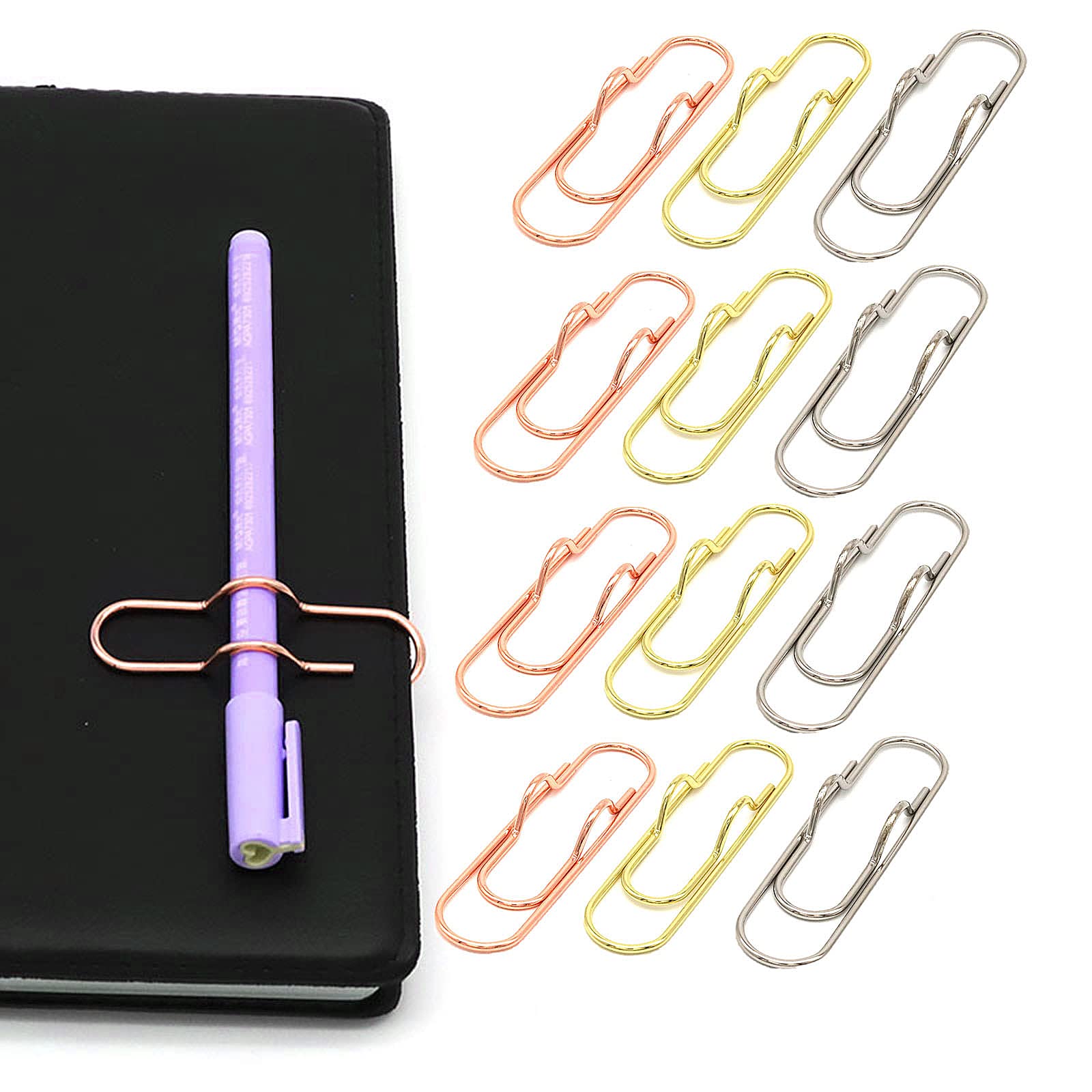 Neljibehu Metal Pen Clips In Gold/Silver/Rose Gold - Pack Of 12 Paperclip Pen Holders For Notebooks And Papers, Metal Pen Clip H