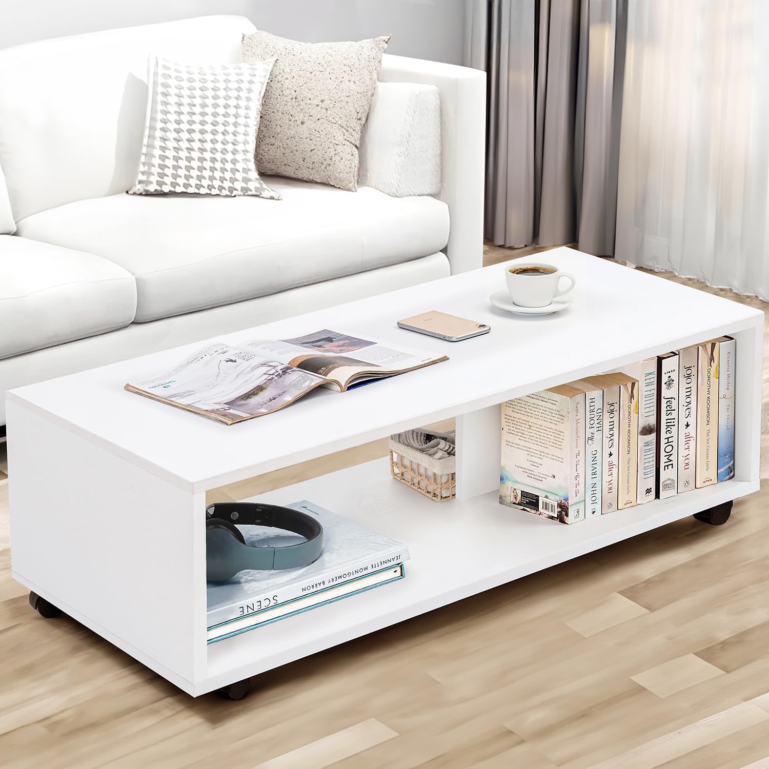 About Space Coffee Table  Center Table For Living Room With Wheels, Engineered Wood Rectangle Tea Table With Storage, Teapoy Fo