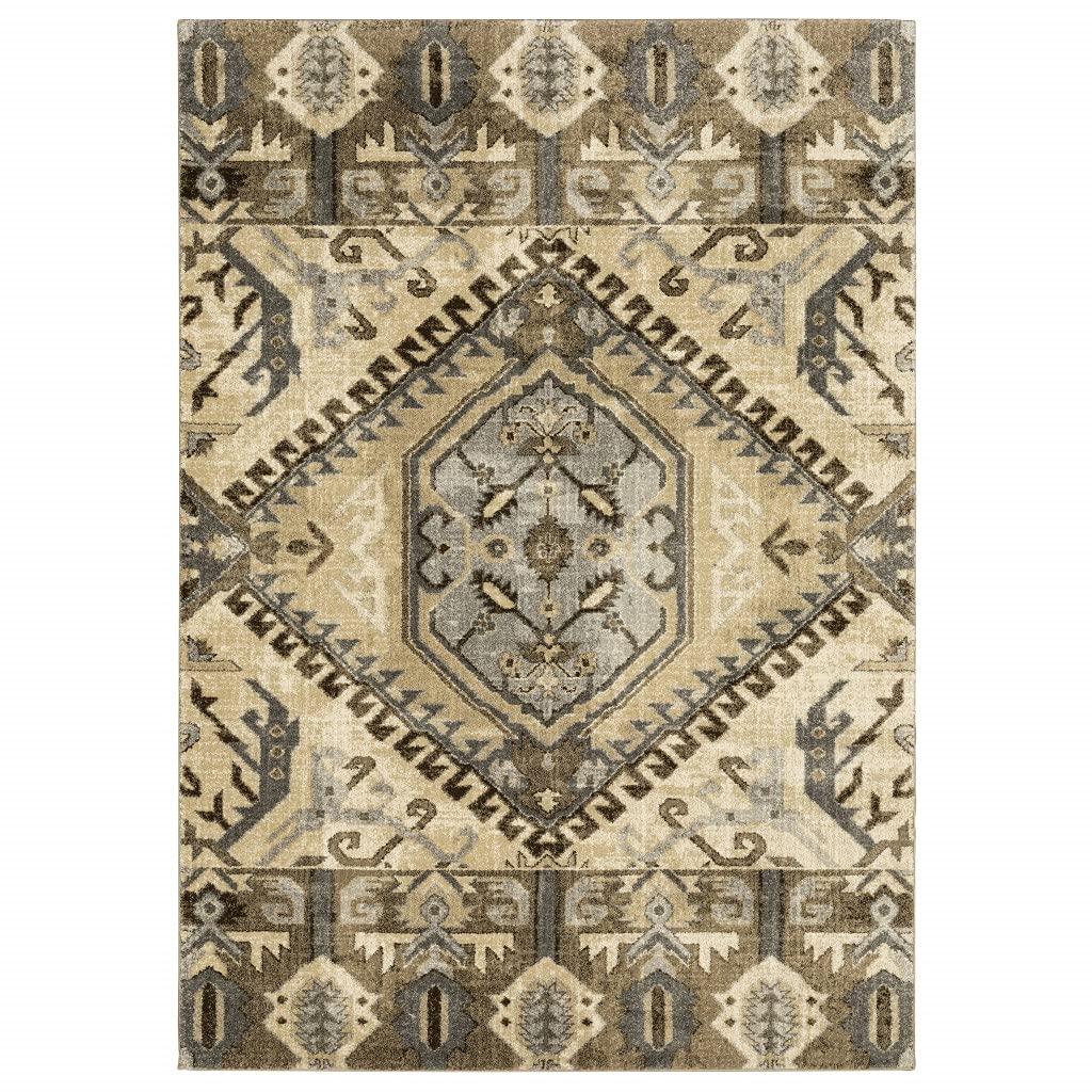 HomeRoots Polypropylene 8’ x 11’ Tan and Gold Central Medallion Indoor Area Rug