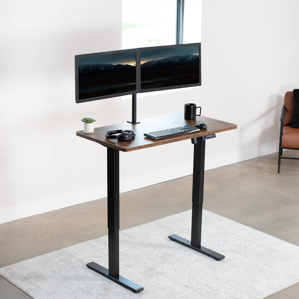 Vivo Electric Height Adjustable 43 X 24 Inch Memory Stand Up Desk, Rustic Vintage Brown Solid One-Piece Table Top, Black Frame, Standing Workstation With Preset Controller, 1B Series, Desk-Kit-1B4N