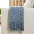 Miulee Dusty Blue Knitted Throw Blanket For Couch Textured Knit Blanket With Tassels Cozy Woven Boho Bed Blanket For Sofa Bed Chair Acrylic Wave Pattern 50'X60'