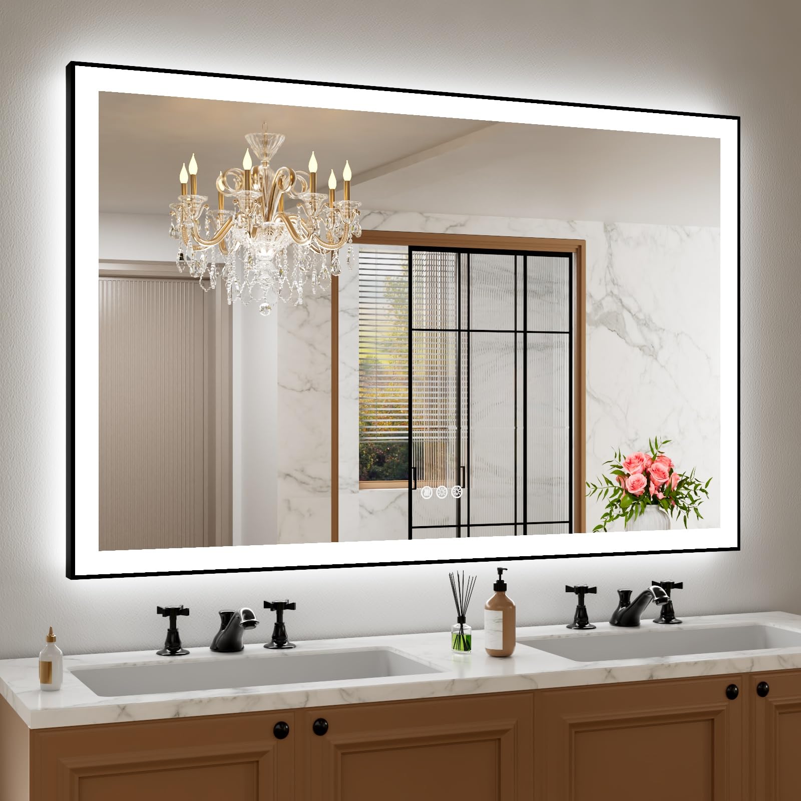 Amorho 55x 36 LED Bathroom Mirror with Black Frame, Front Light and Backlit(Controlled Separately), Stepless Dimmable, Anti-Fog,