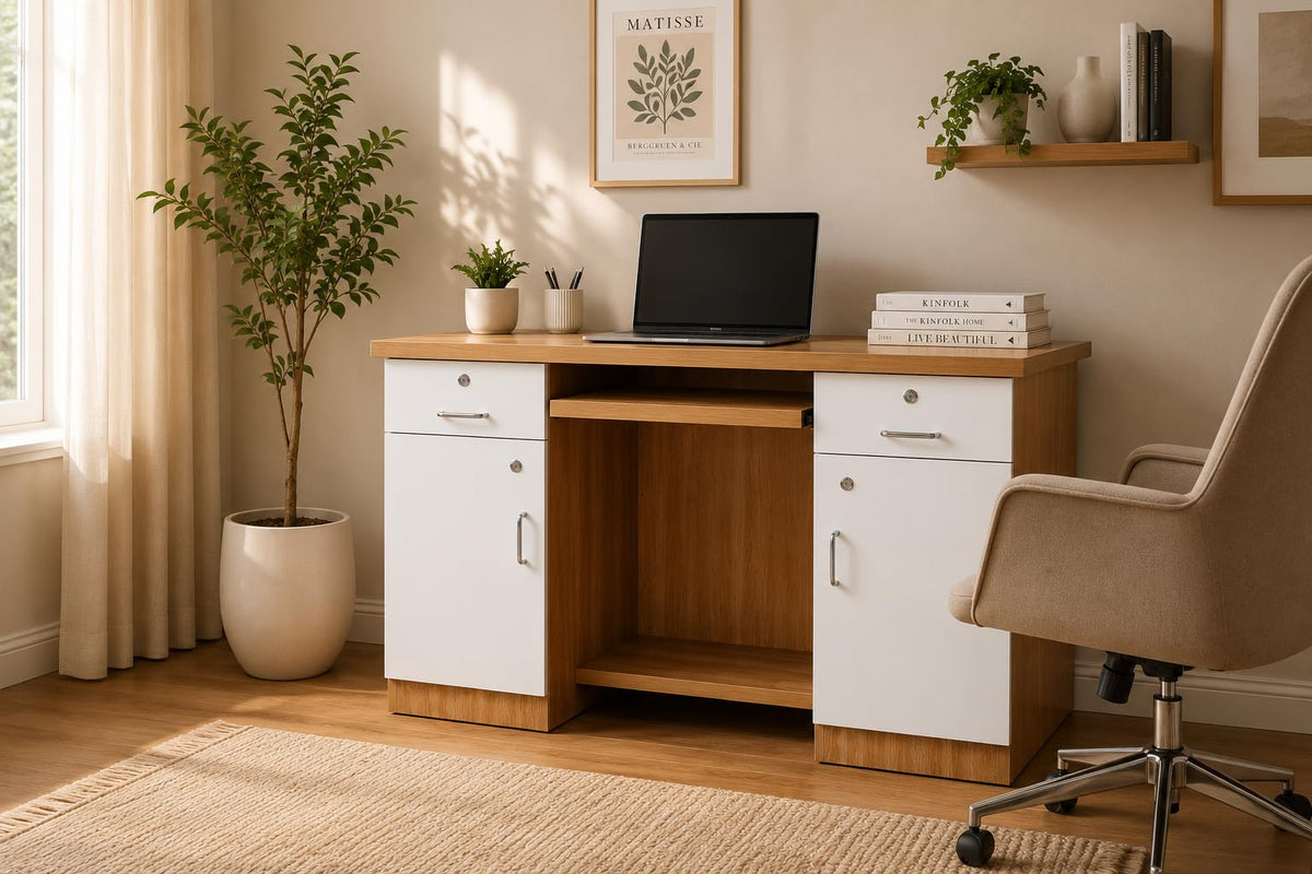 Furnistiq Computer Table For Home Pc | Study Table For Home, Office Desk Workstation Table With Lock Option In Drawer | Wooden S