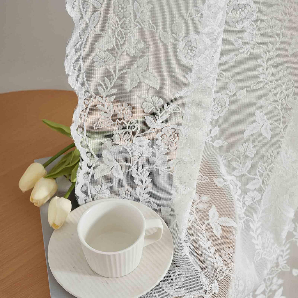 FINECITY Extra Long Sheer Lace Curtains 120 Inches Long, Vintage Rustic Leaf Floral Knitted Lace Curtains for Living Room, Rod P