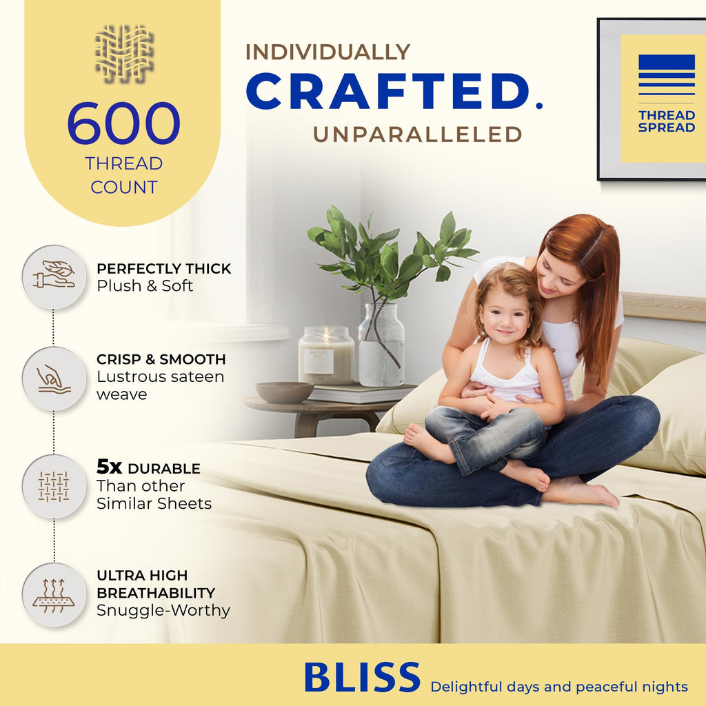 Thread Spread 600 Thread Count Sheets Queen - 100% Egyptian Cotton Sheets Queen Size, 4 Pc Luxury Sheets Queen Size, Soft, Sateen Cooling, Extra Long Staple 16' Deep Pocket Queen Bed Sheet Set - Sand
