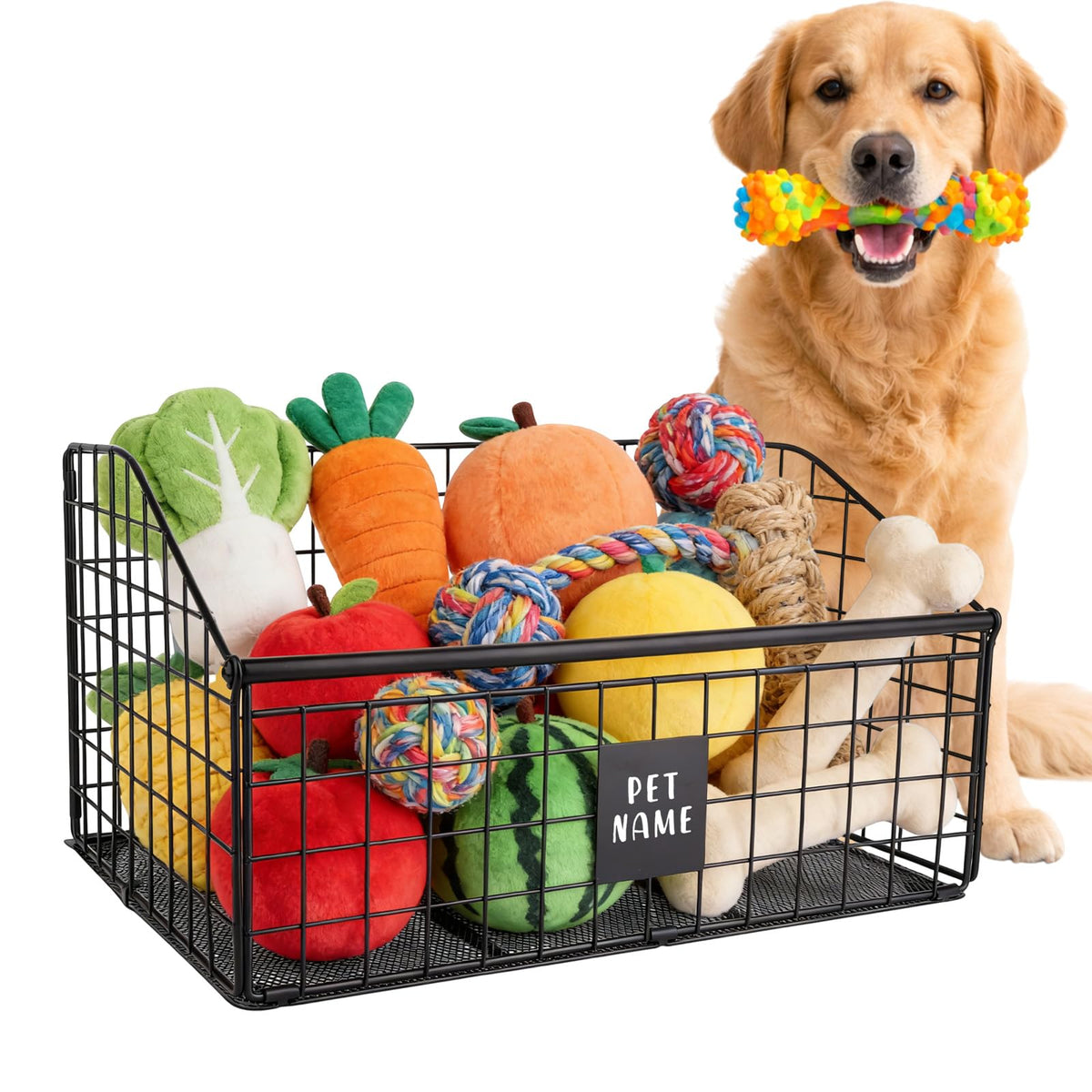 Penitue Indestructible Dog Toy Basket, 42.5x28x21.5cm/16.7x11x8.5in Metal Storage Bin for Chew Toys Bones and Treats Durable Toy