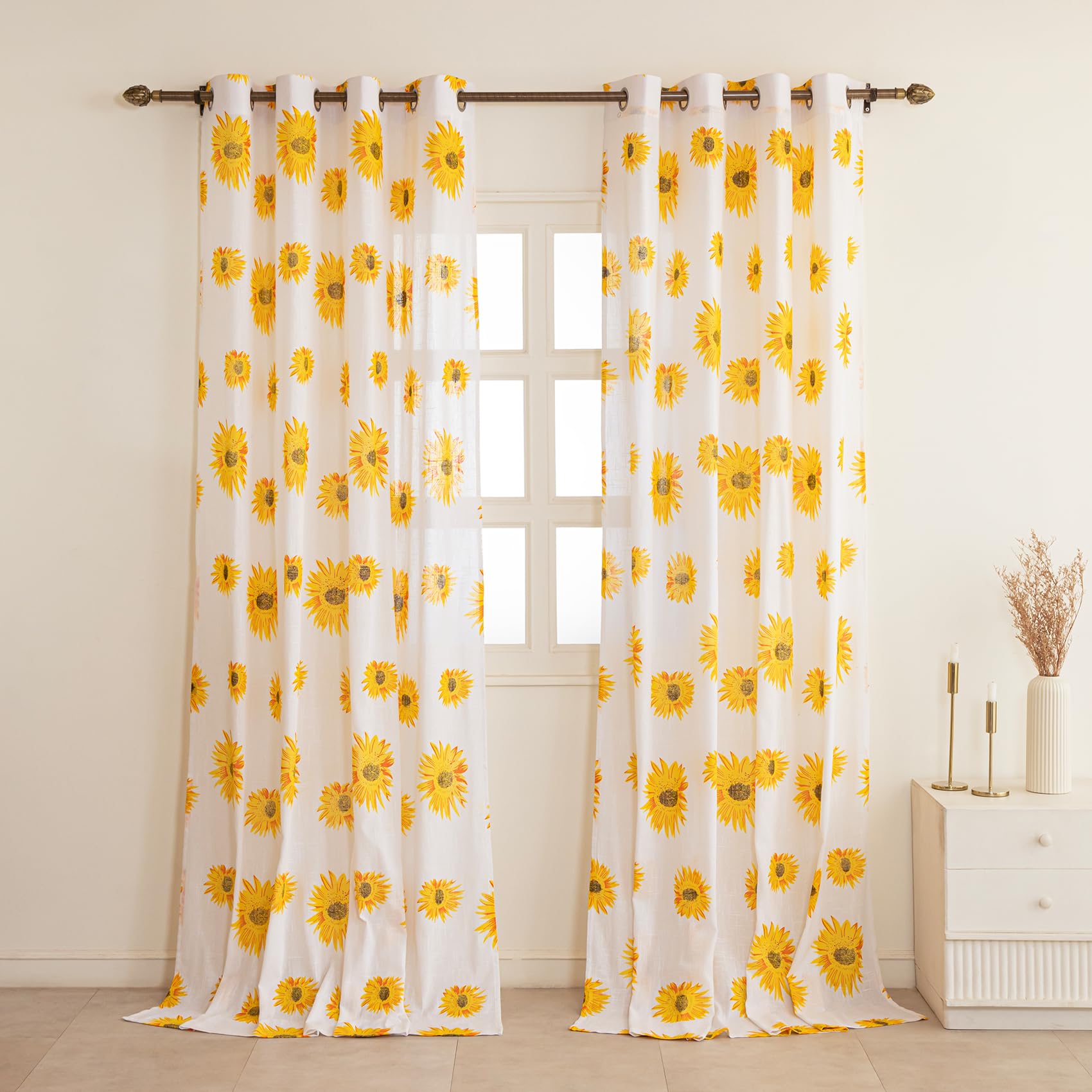 Homemonde Door 7 Feet Grommet Curtains Set Of 2 Cotton Sheer Linen Printed Curtain For Living Room Decoration, White Sun Flower