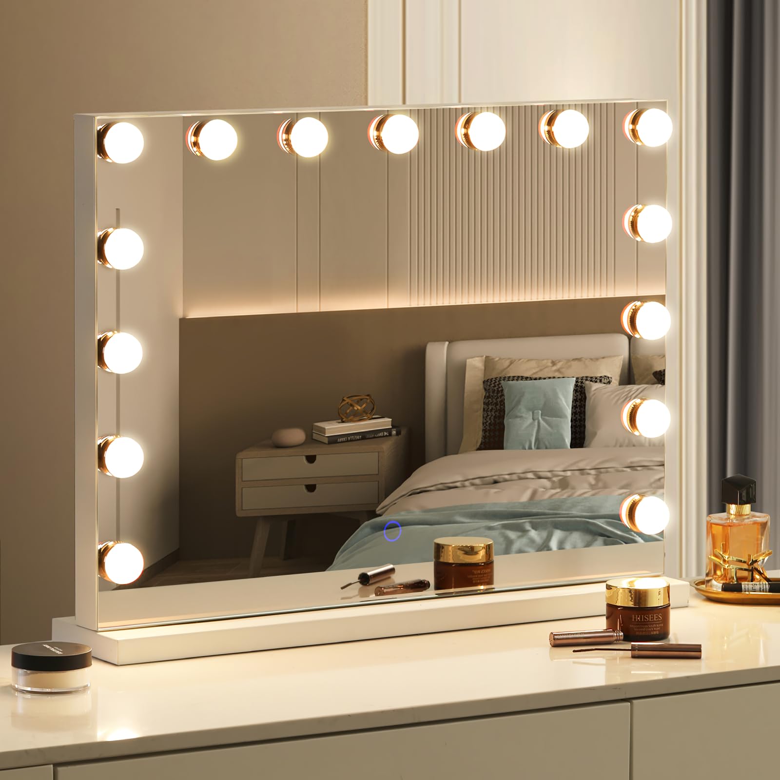 Amifiy Hollywood Vanity Mirror with Lights, 23x18 Lighted Makeup Mirror for Desk/Wall Mount with 15 Led Bulbs, 3 Lighting Modes 